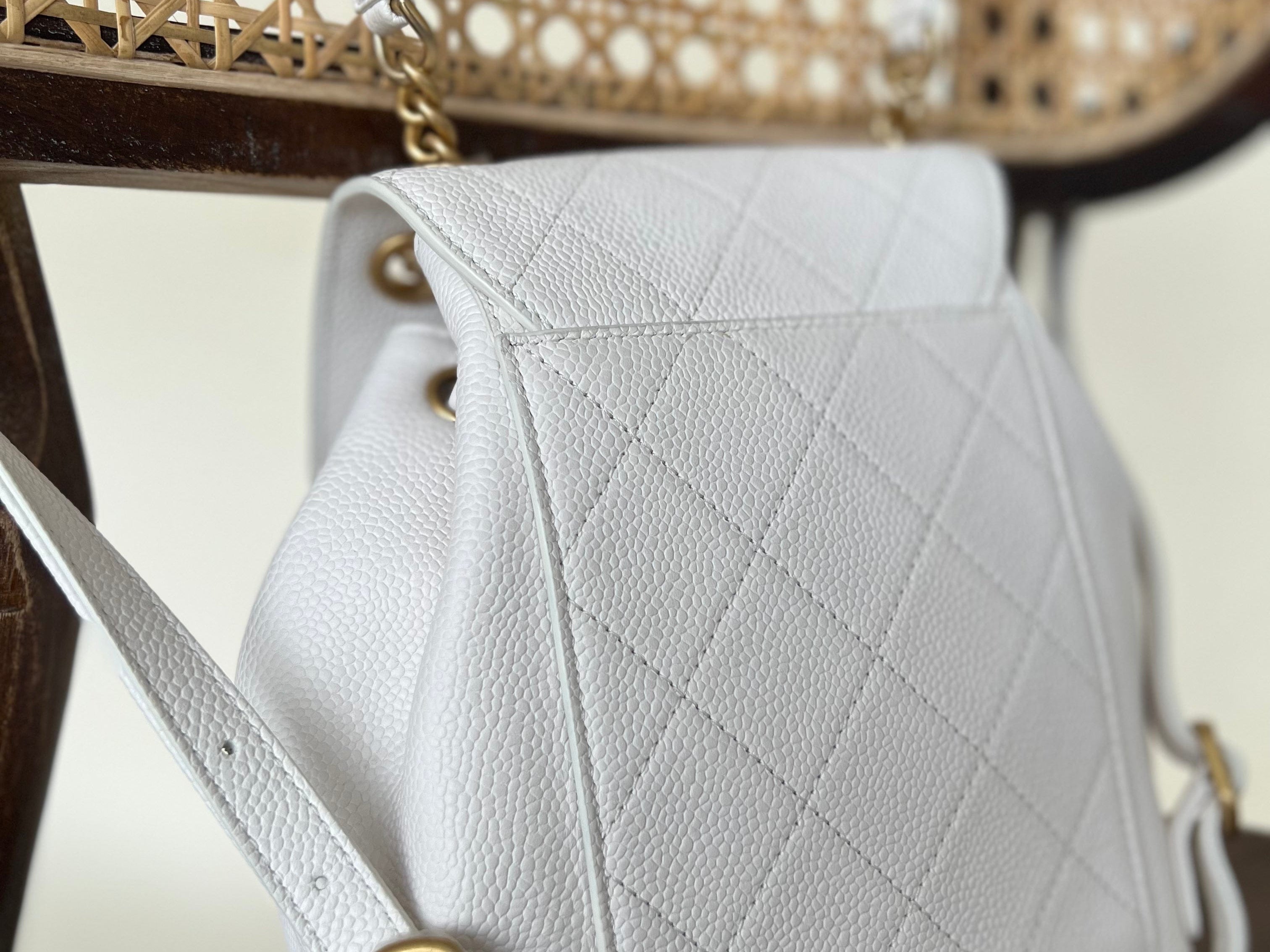 CHANEL Backpack White Caviar Quilted BackPack w/ Aged Gold Hardware - Redeluxe