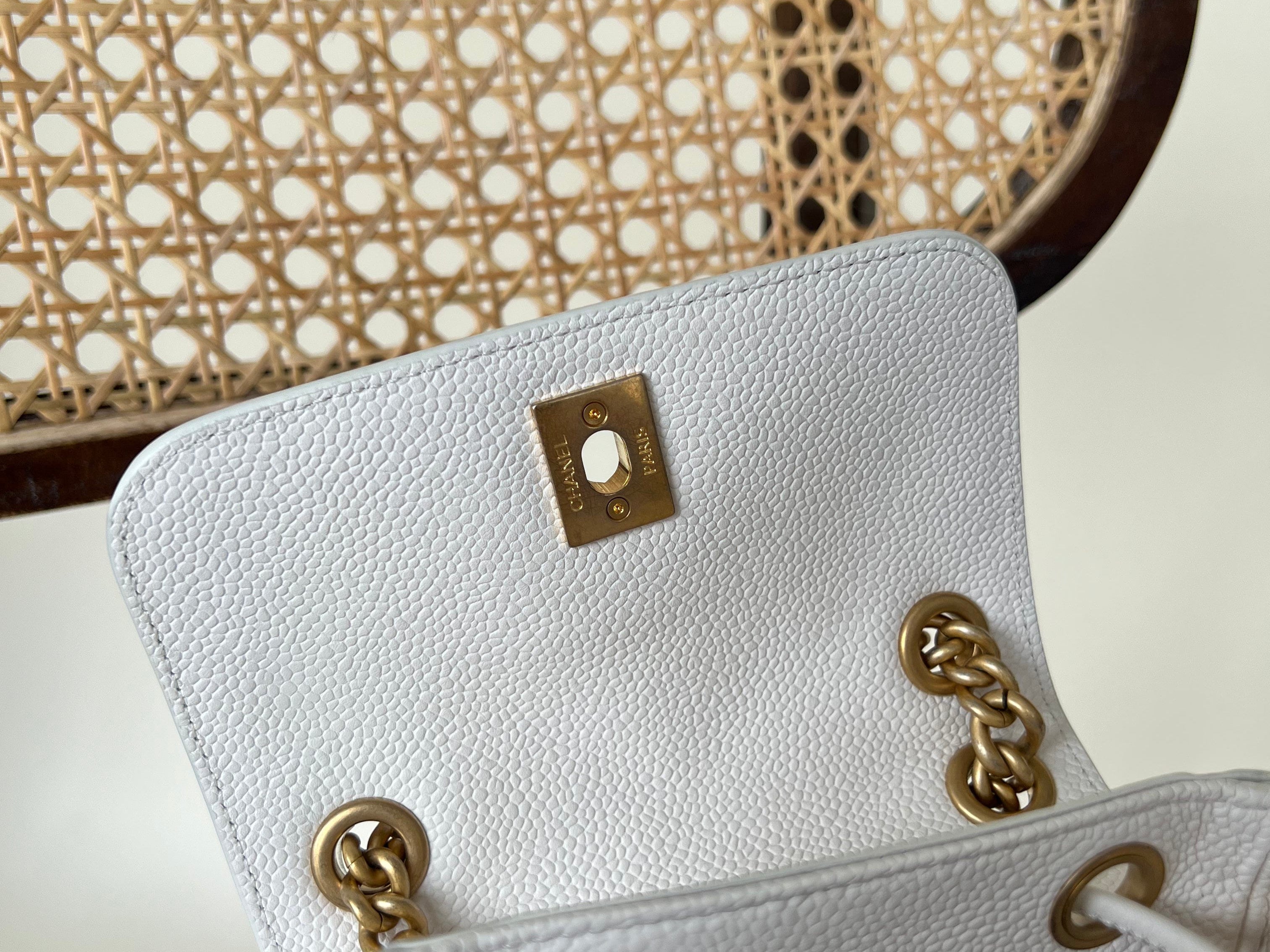 CHANEL Backpack White Caviar Quilted BackPack w/ Aged Gold Hardware - Redeluxe
