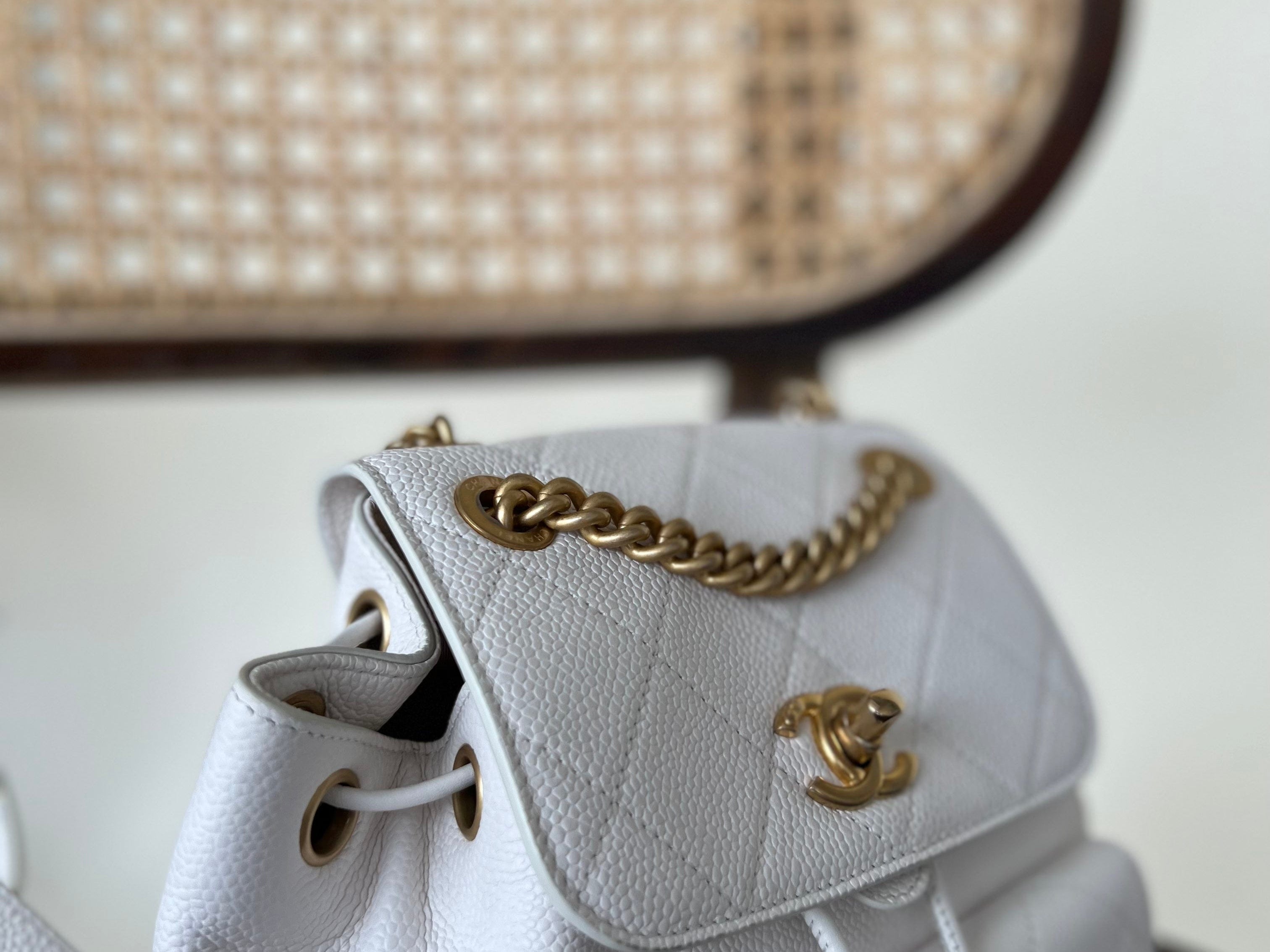 CHANEL Backpack White Caviar Quilted BackPack w/ Aged Gold Hardware - Redeluxe