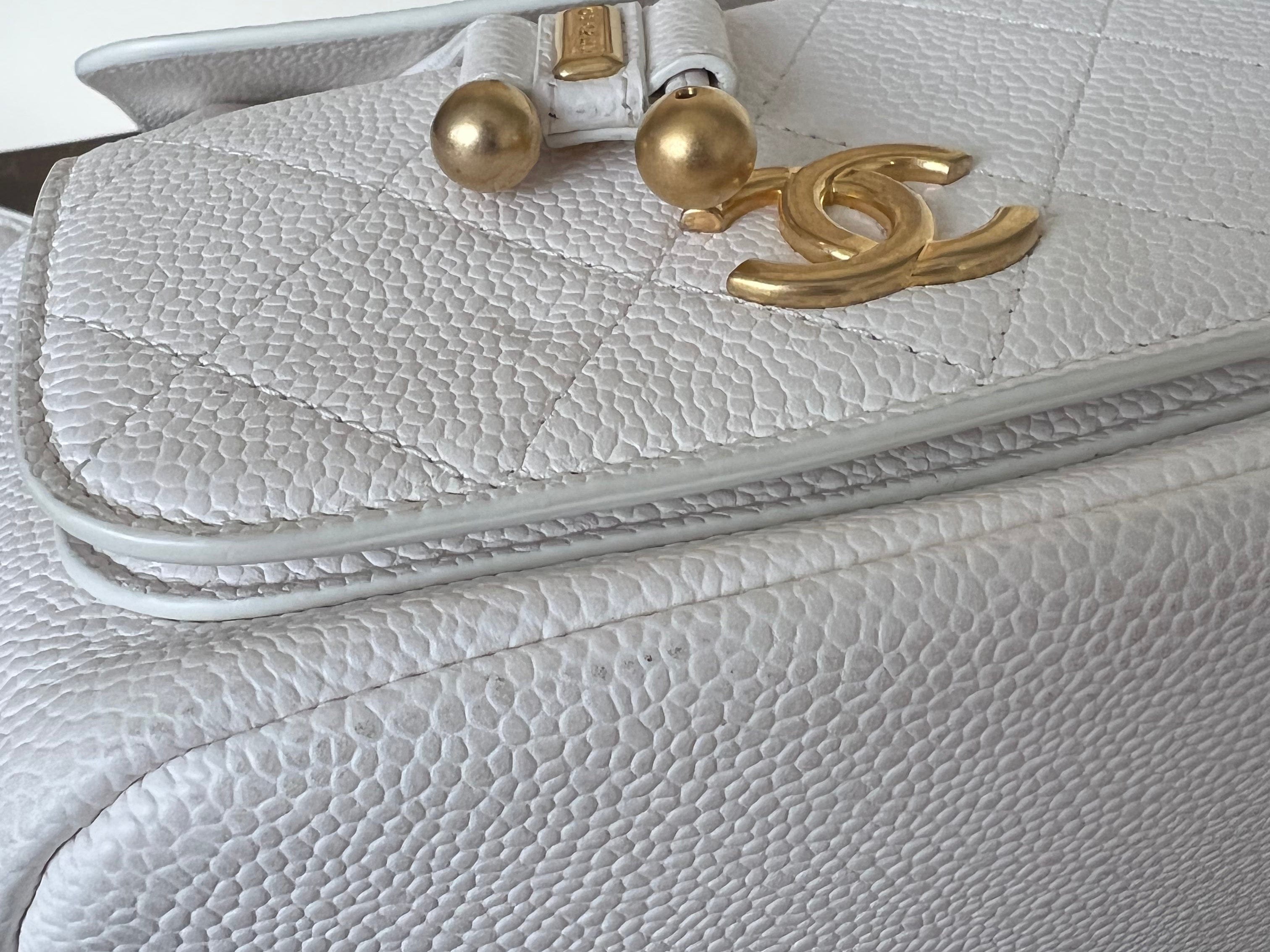 CHANEL Backpack White Caviar Quilted BackPack w/ Aged Gold Hardware - Redeluxe