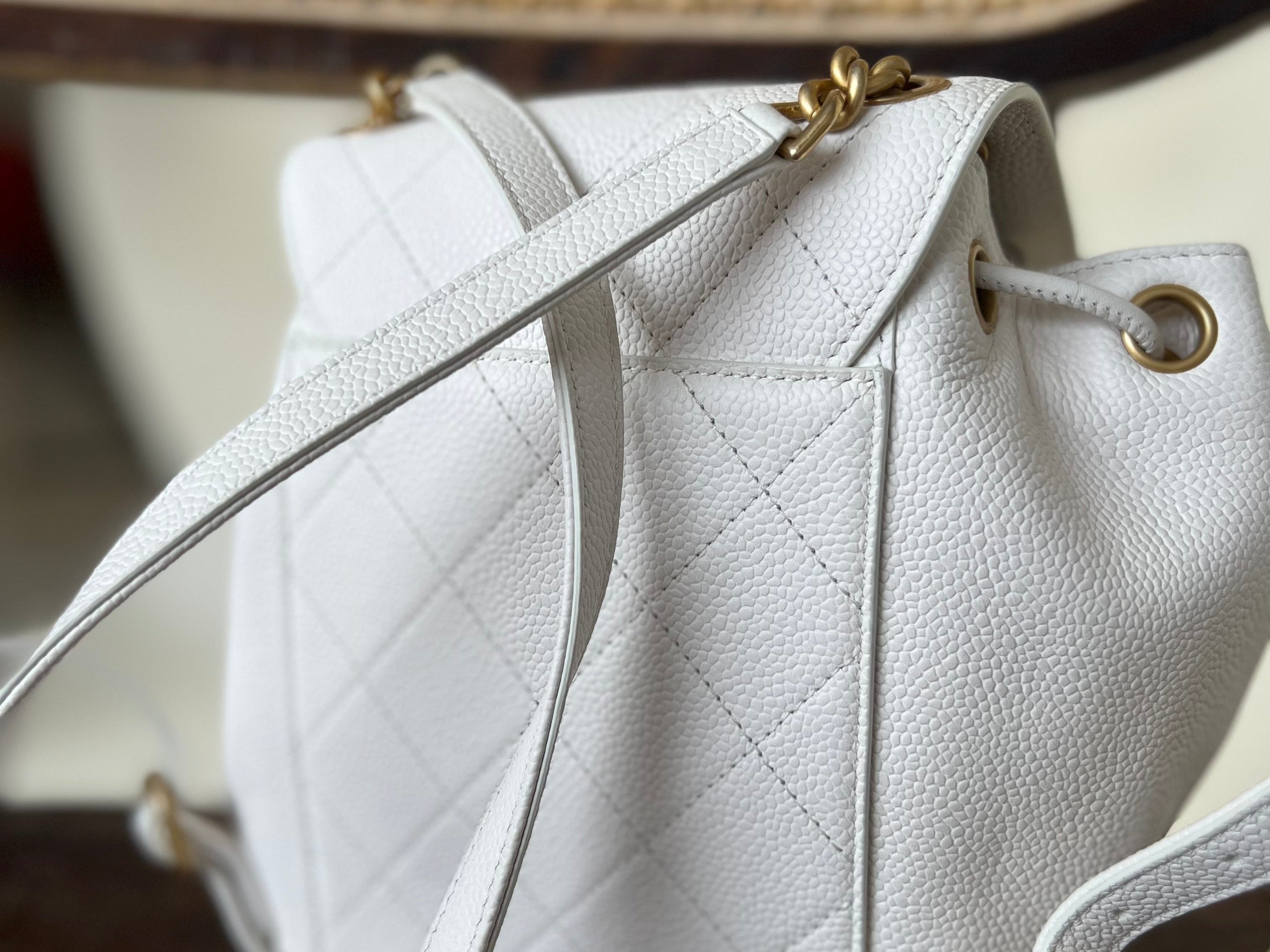 CHANEL Backpack White Caviar Quilted BackPack w/ Aged Gold Hardware - Redeluxe