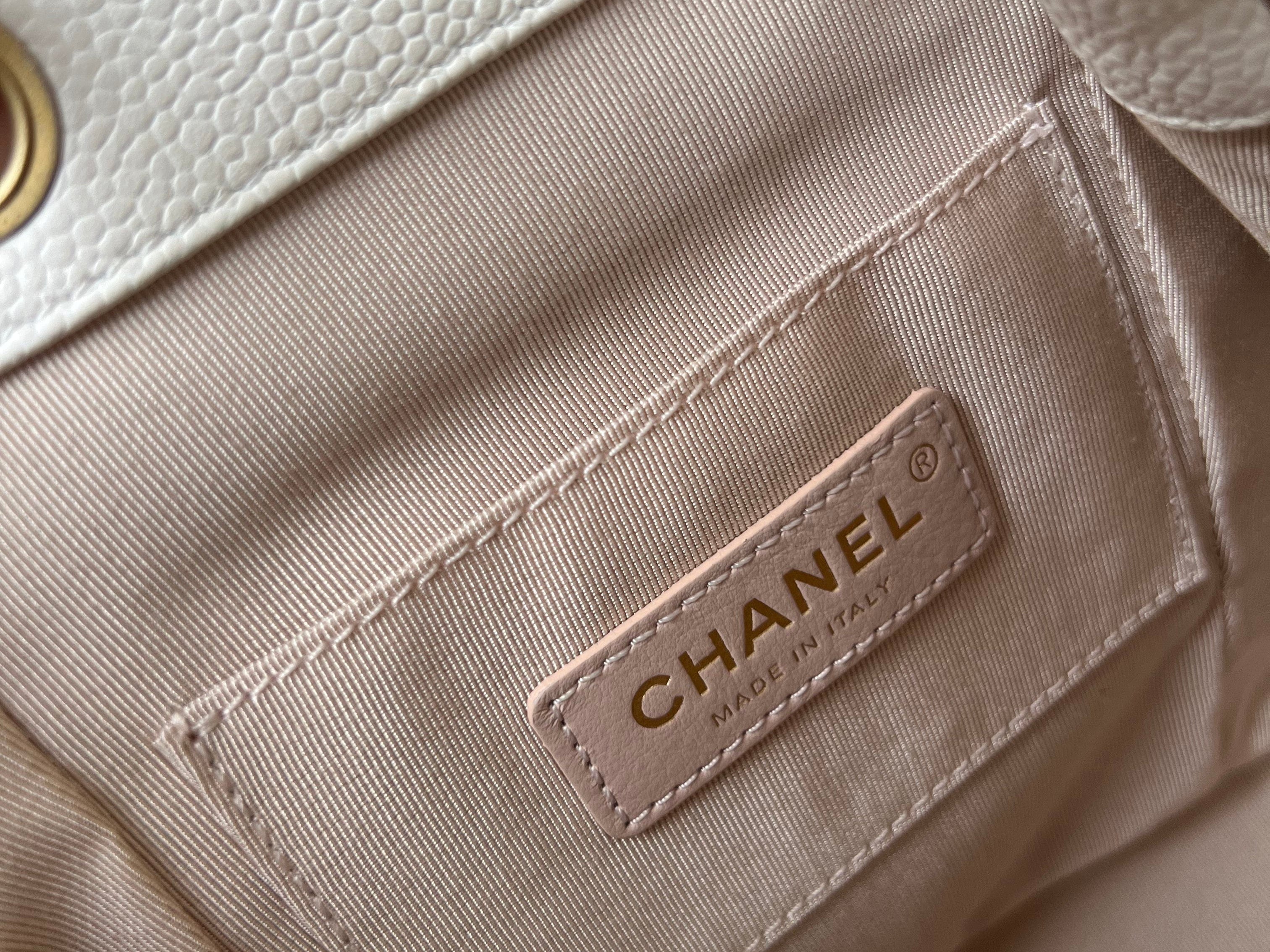 CHANEL Backpack White Caviar Quilted BackPack w/ Aged Gold Hardware - Redeluxe