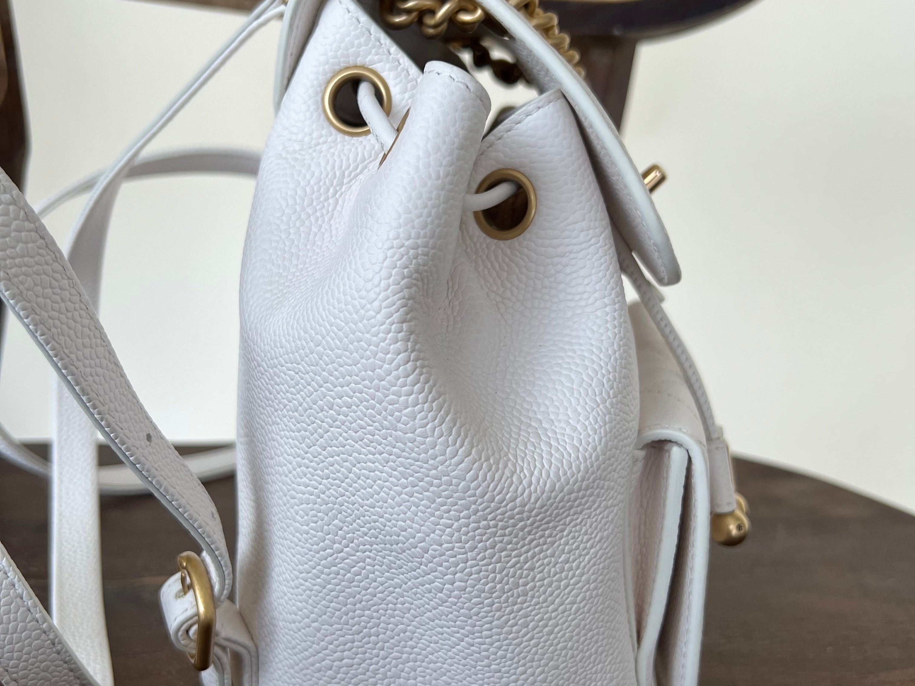 CHANEL Backpack White Caviar Quilted BackPack w/ Aged Gold Hardware - Redeluxe