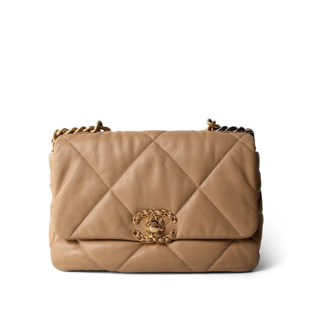 CHANEL Beige Dark Beige Goatskin Quilted 19 Flap Small Aged Gold Hardware - Redeluxe