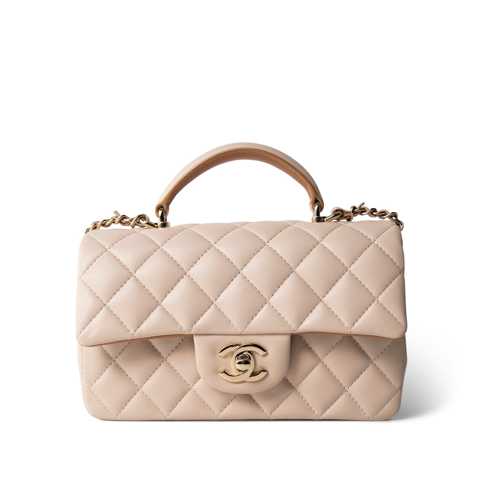 CHANEL Beige Light Beige / Beige Lambskin Quilted Mini Top Handle Light Gold Hardware - Redeluxe