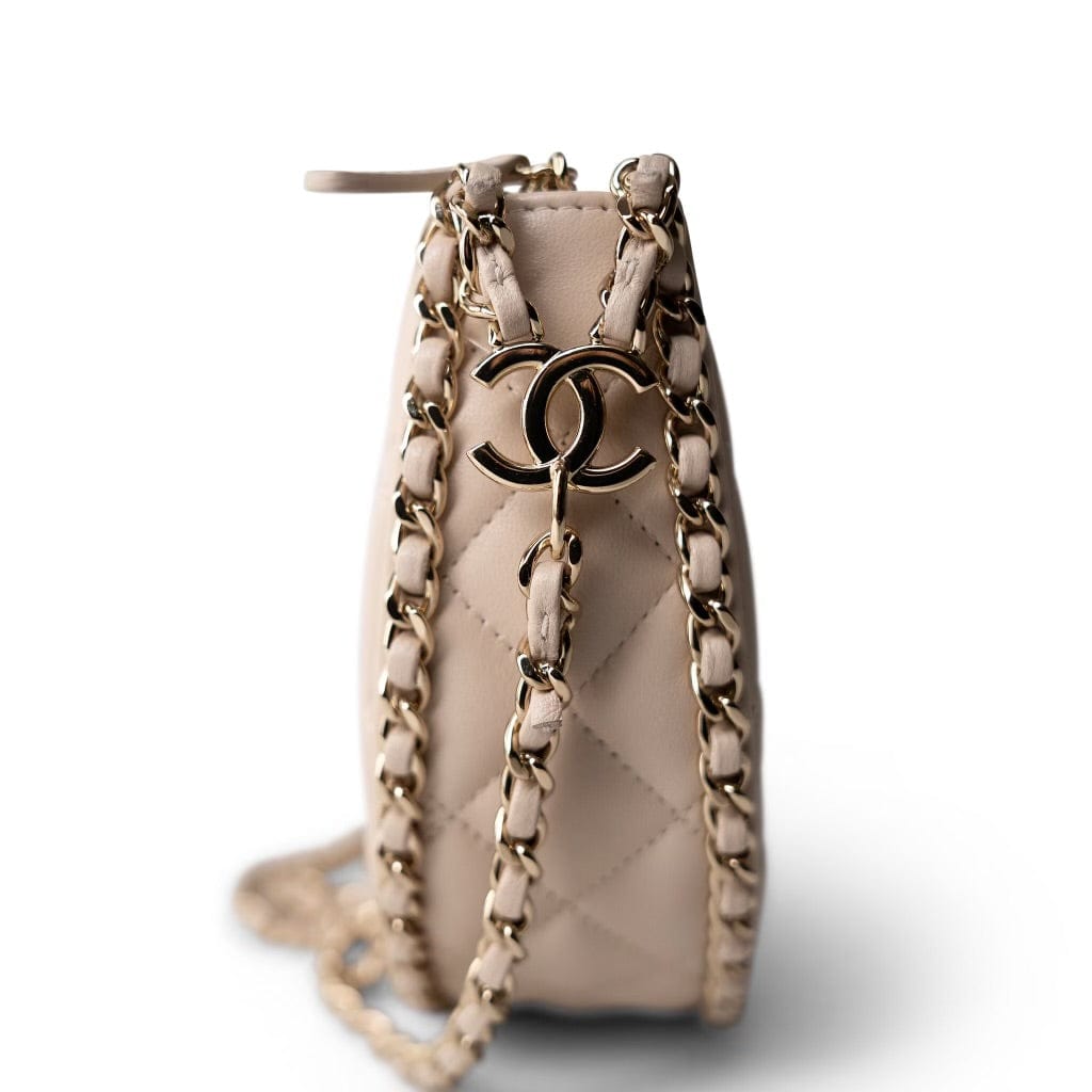 CHANEL Beige Light Beige Small Lambskin Quilted Hobo Bag - Redeluxe