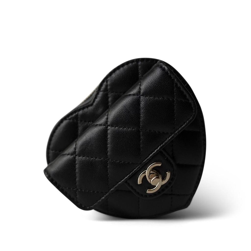 CHANEL Belt Bag Black 22S CC In Love Heart Zipped Black Lambskin Quilted Belt Bag LGHW - Redeluxe