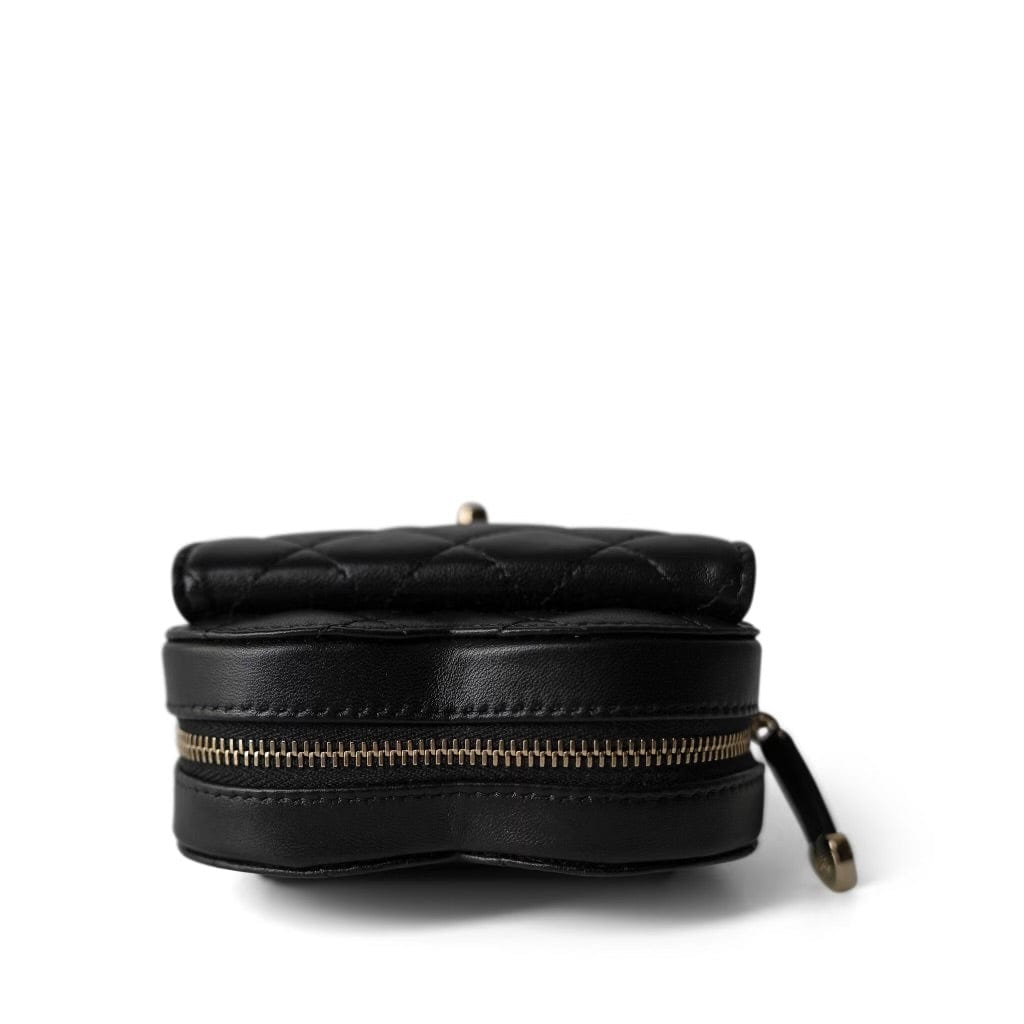 CHANEL Belt Bag Black 22S CC In Love Heart Zipped Black Lambskin Quilted Belt Bag LGHW - Redeluxe