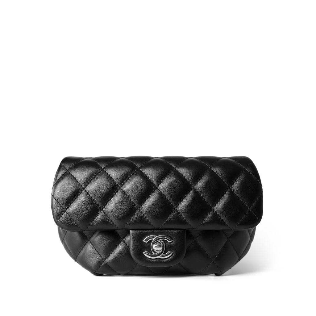 CHANEL Belt Bag Black Black Calfskin Quilted CC Uniform Flap Belt Bag Silver Hardware - Redeluxe