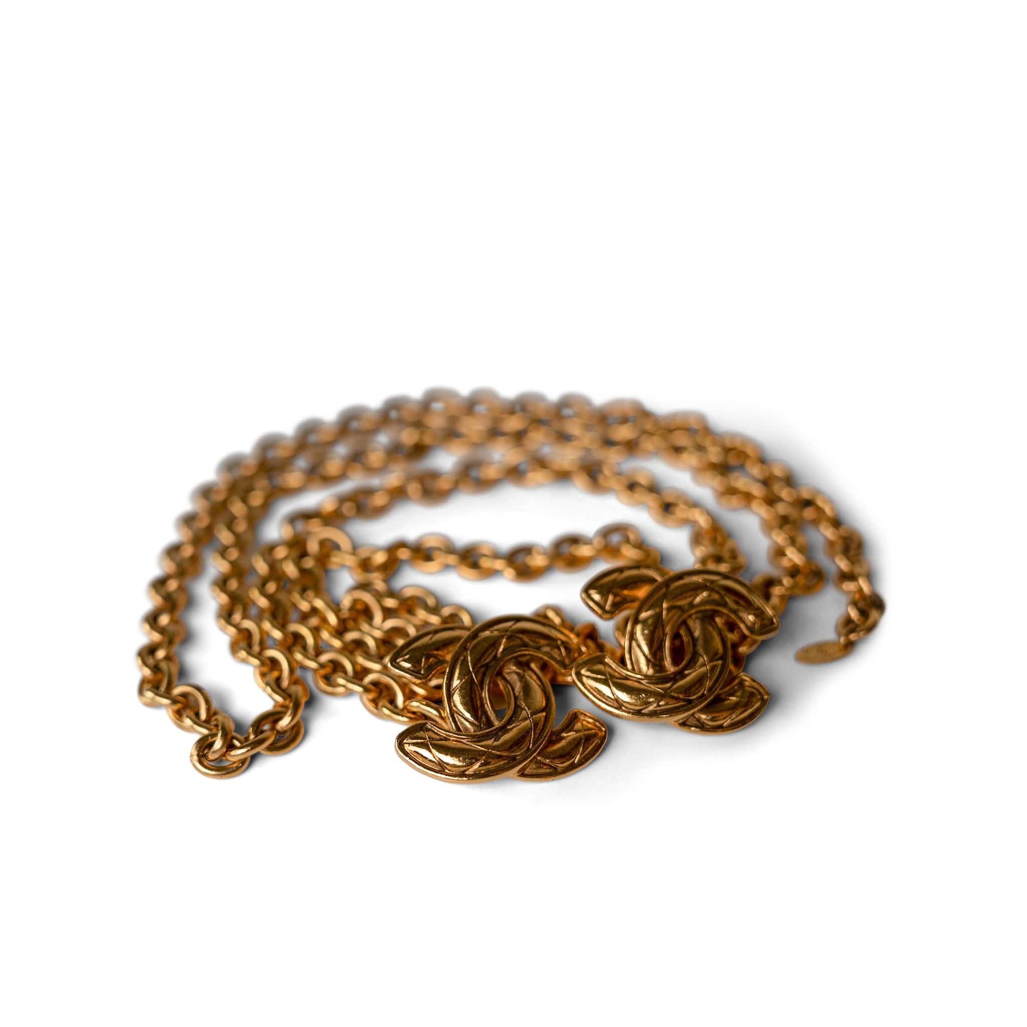 CHANEL Belt Gold Gold Quilted Double CC Belt - Redeluxe