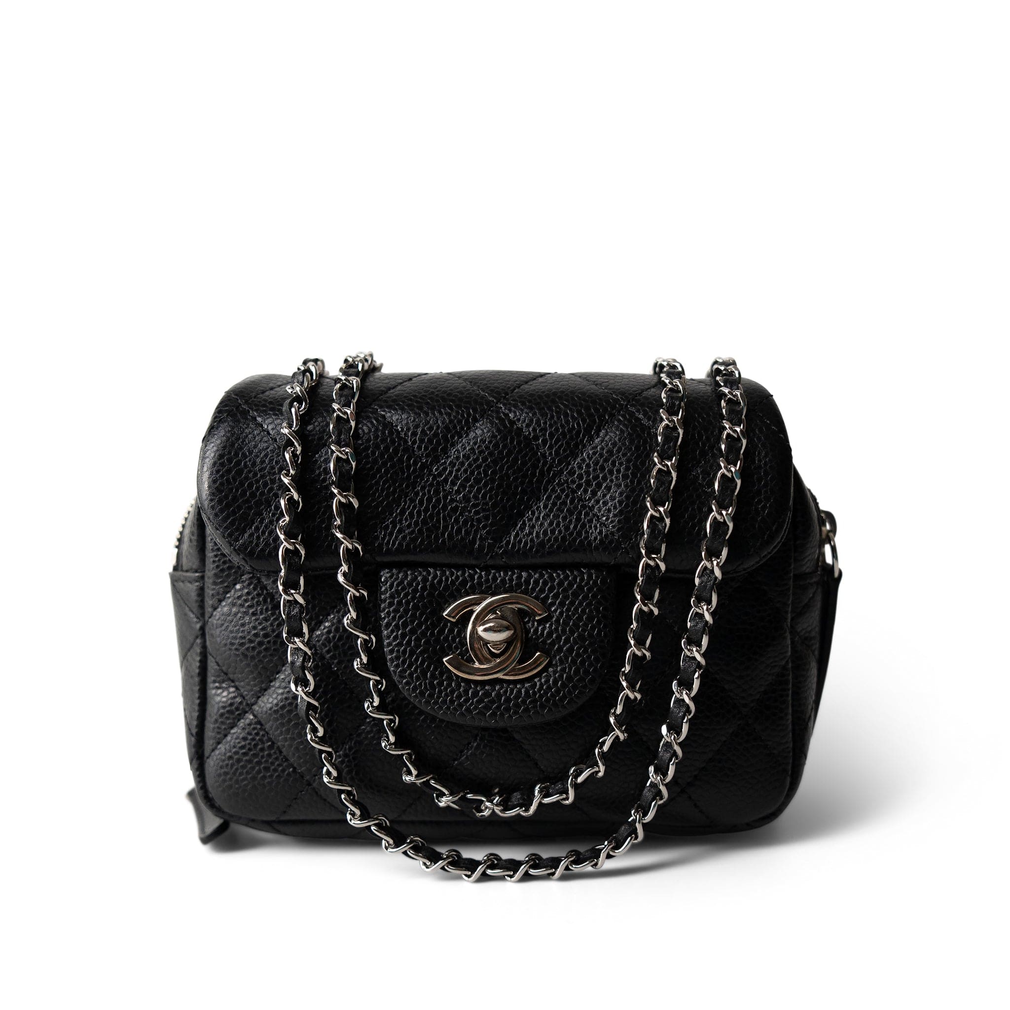 CHANEL Black 12C Black Caviar Quilted Mini Dual Zipper Case Silver Hardware - Redeluxe