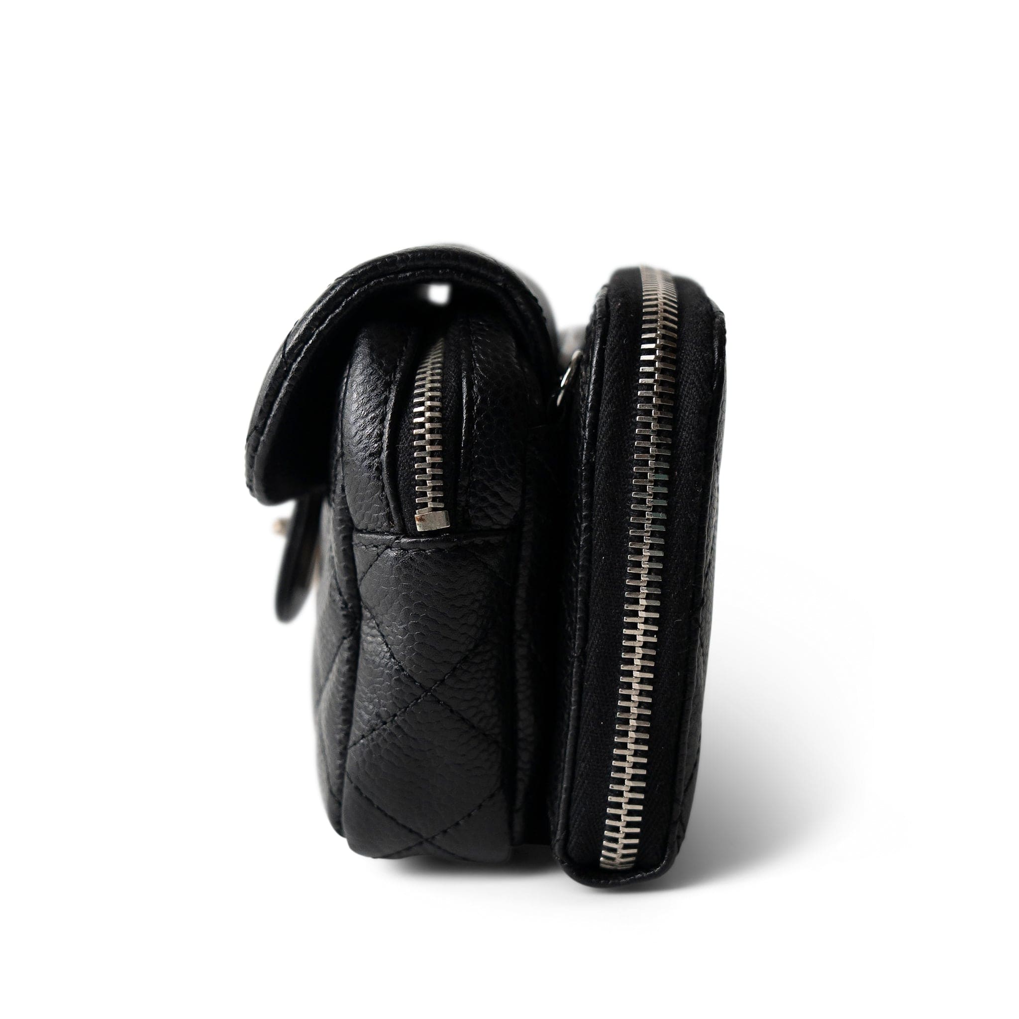 CHANEL Black 12C Black Caviar Quilted Mini Dual Zipper Case Silver Hardware - Redeluxe