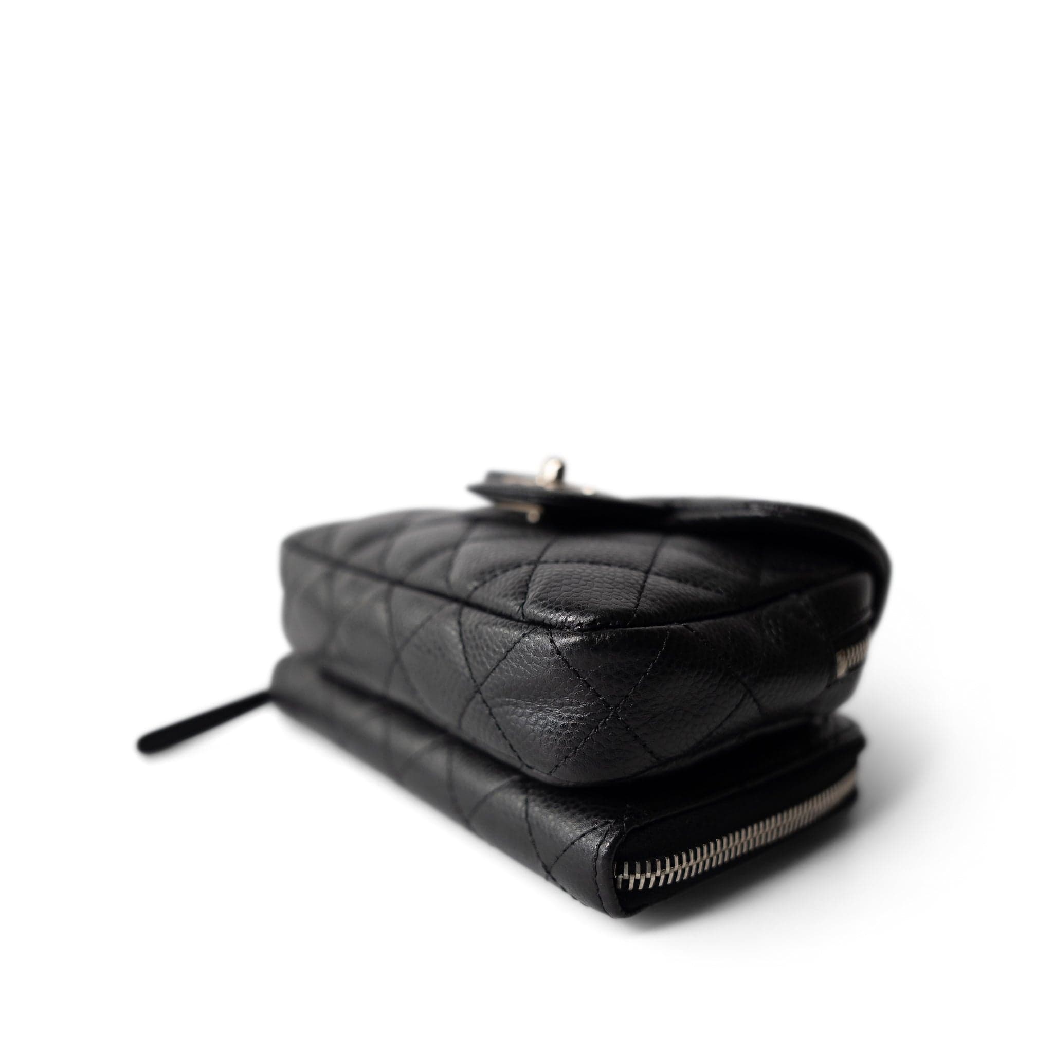 CHANEL Black 12C Black Caviar Quilted Mini Dual Zipper Case Silver Hardware - Redeluxe