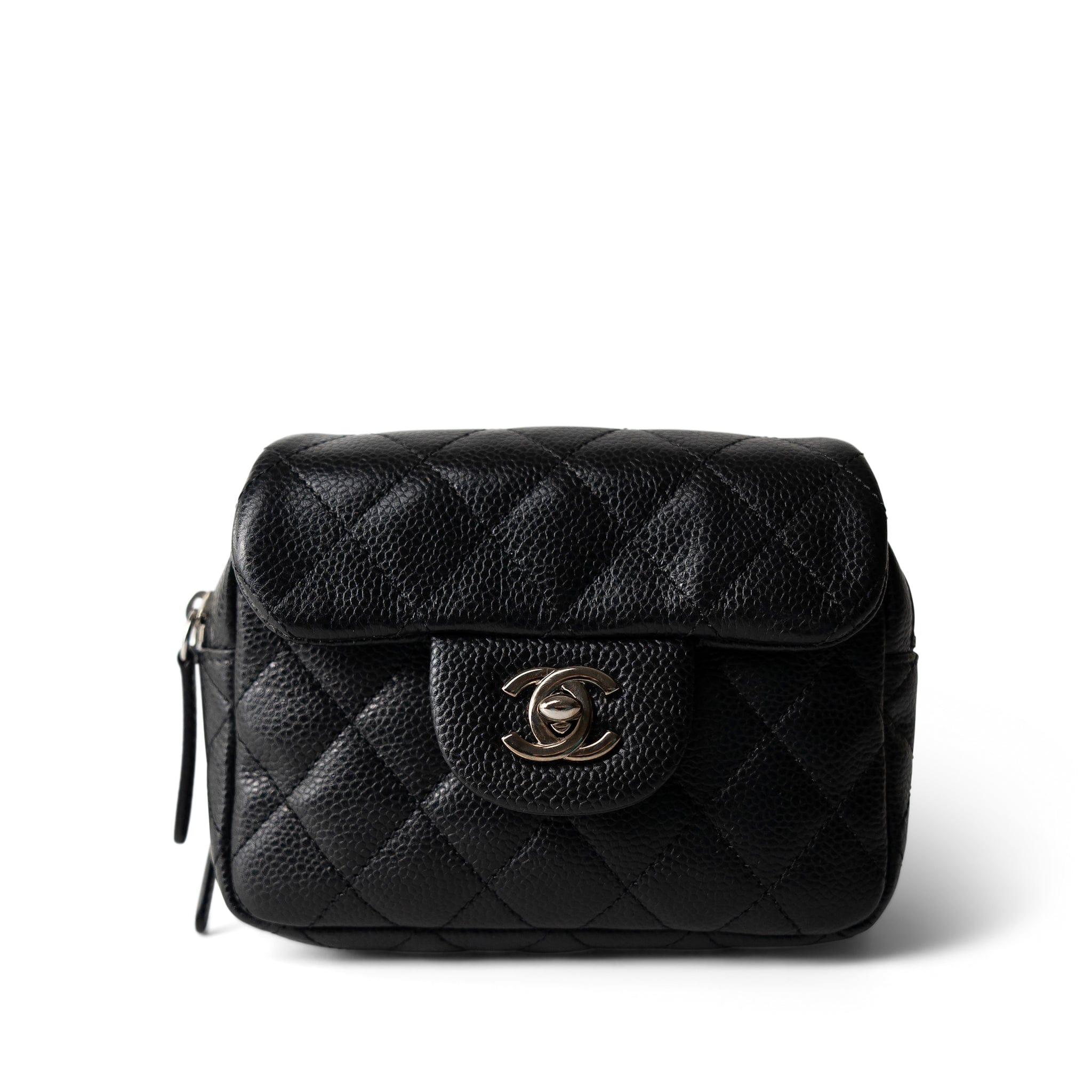 CHANEL Black 12C Black Caviar Quilted Mini Dual Zipper Case Silver Hardware - Redeluxe