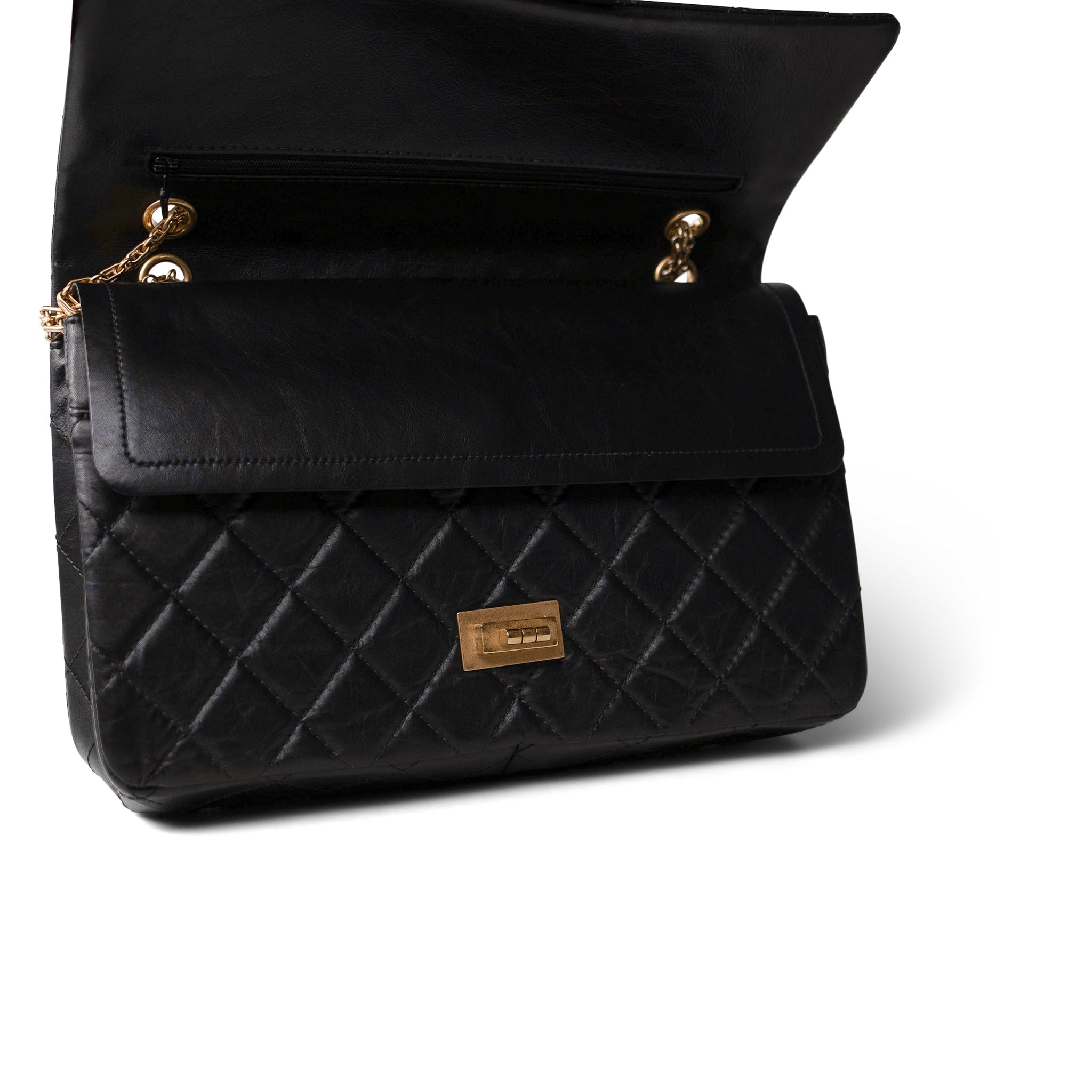 CHANEL Black Black Crumpled Calfskin Quilted Reissue 2.55 227 Aged Gold Hardware - Redeluxe