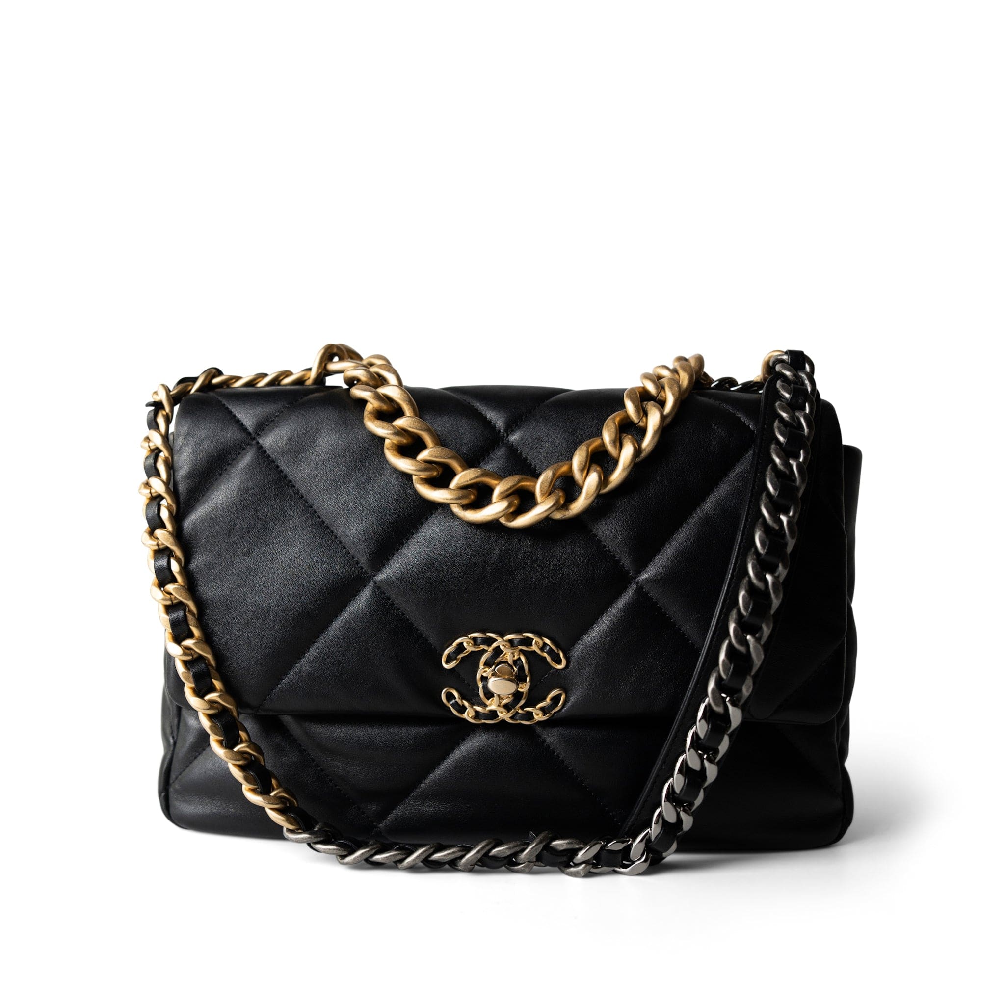 CHANEL Black Black Lambskin Quilted 19 Flap Large Aged Gold Hardware - Redeluxe