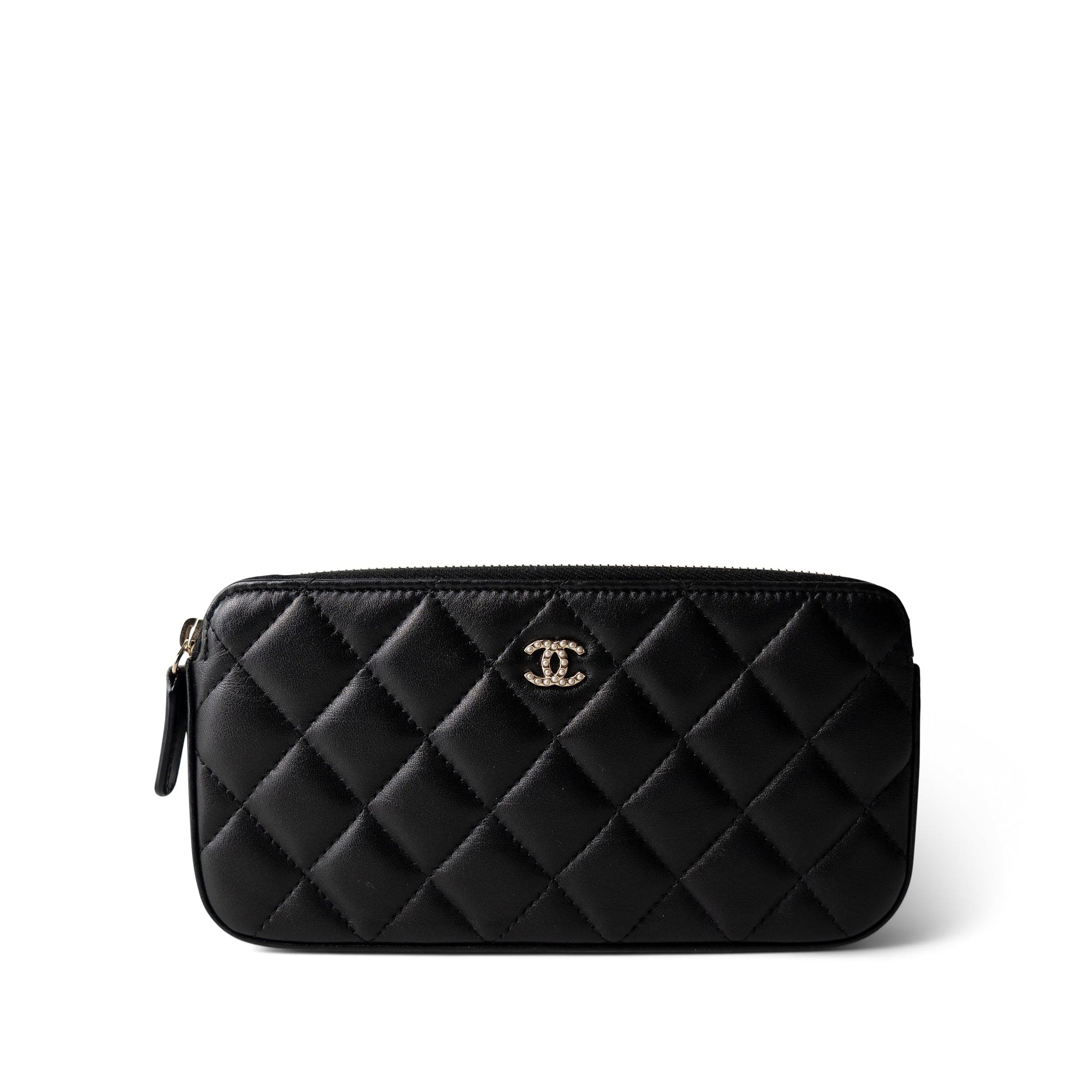 CHANEL Black Black Lambskin Quilted Small Clutch With Pearly Chain - Redeluxe