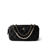 CHANEL Black Black Lambskin Quilted Small Clutch With Pearly Chain - Redeluxe