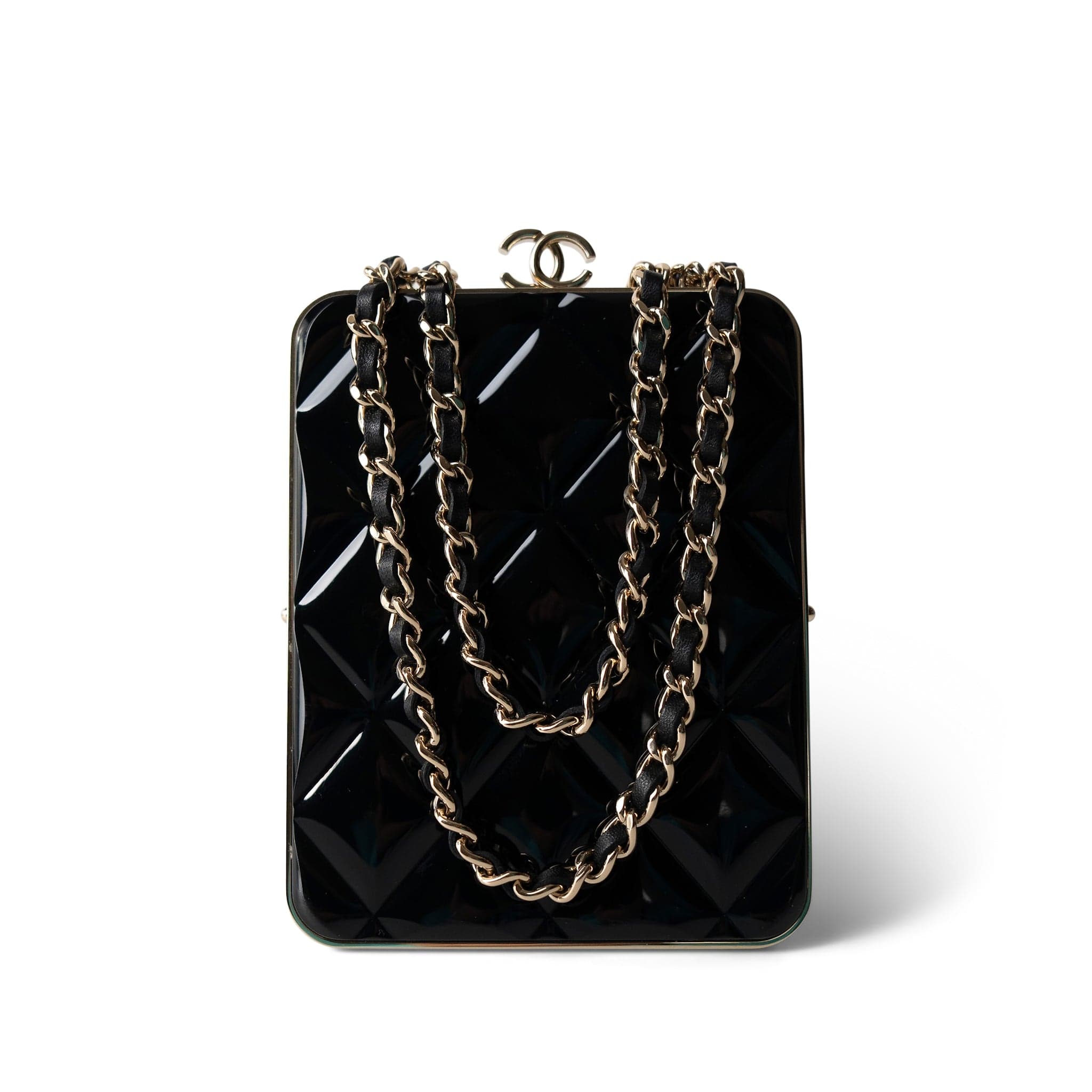 CHANEL Black Black Vanity Clutch with Chain Light Gold Hardware - Redeluxe