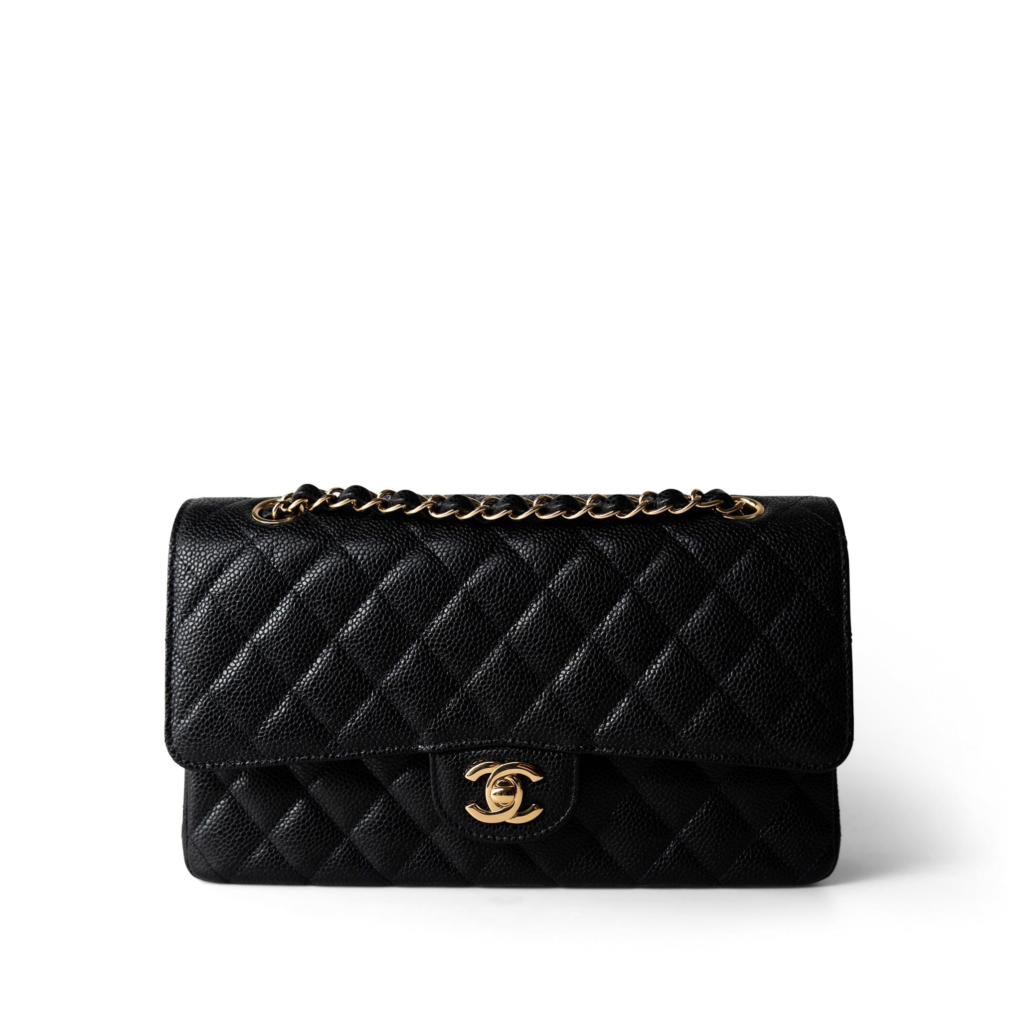 CHANEL Black Medium Black Caviar Quilted Classic Flap Gold Hardware - Redeluxe