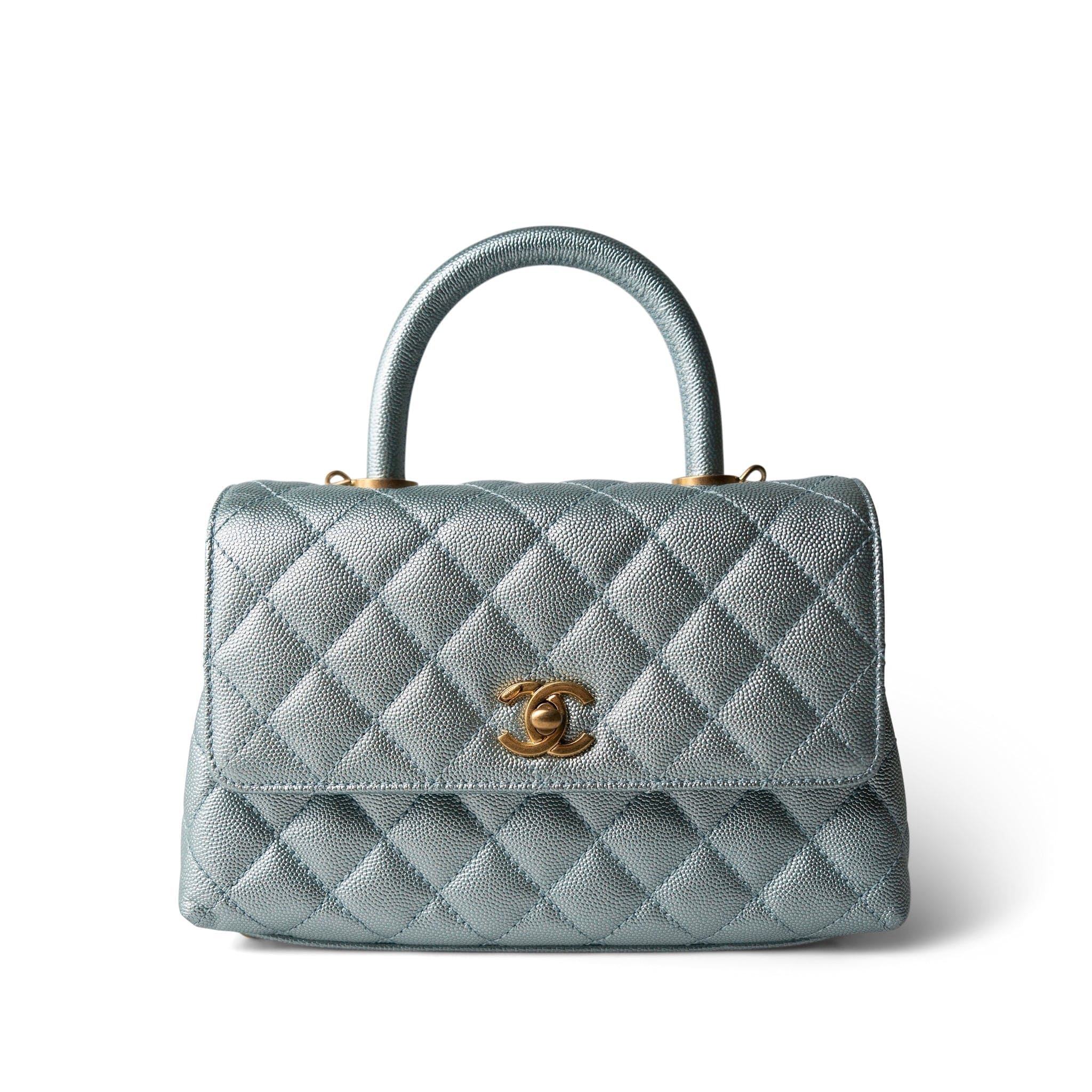 CHANEL Blue 22P Iridescent Light Blue Caviar Quilted Coco Handle Small Aged Gold Hardware - Redeluxe