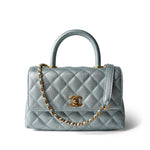 CHANEL Blue 22P Iridescent Light Blue Caviar Quilted Coco Handle Small Aged Gold Hardware - Redeluxe