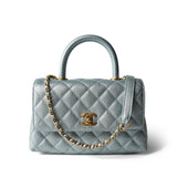 CHANEL Blue 22P Iridescent Light Blue Caviar Quilted Coco Handle Small Aged Gold Hardware - Redeluxe