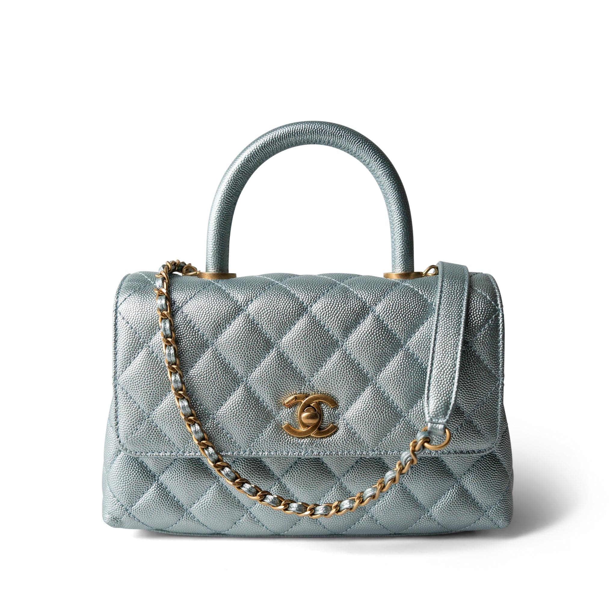 CHANEL Blue 22P Iridescent Light Blue Caviar Quilted Coco Handle Small Aged Gold Hardware - Redeluxe