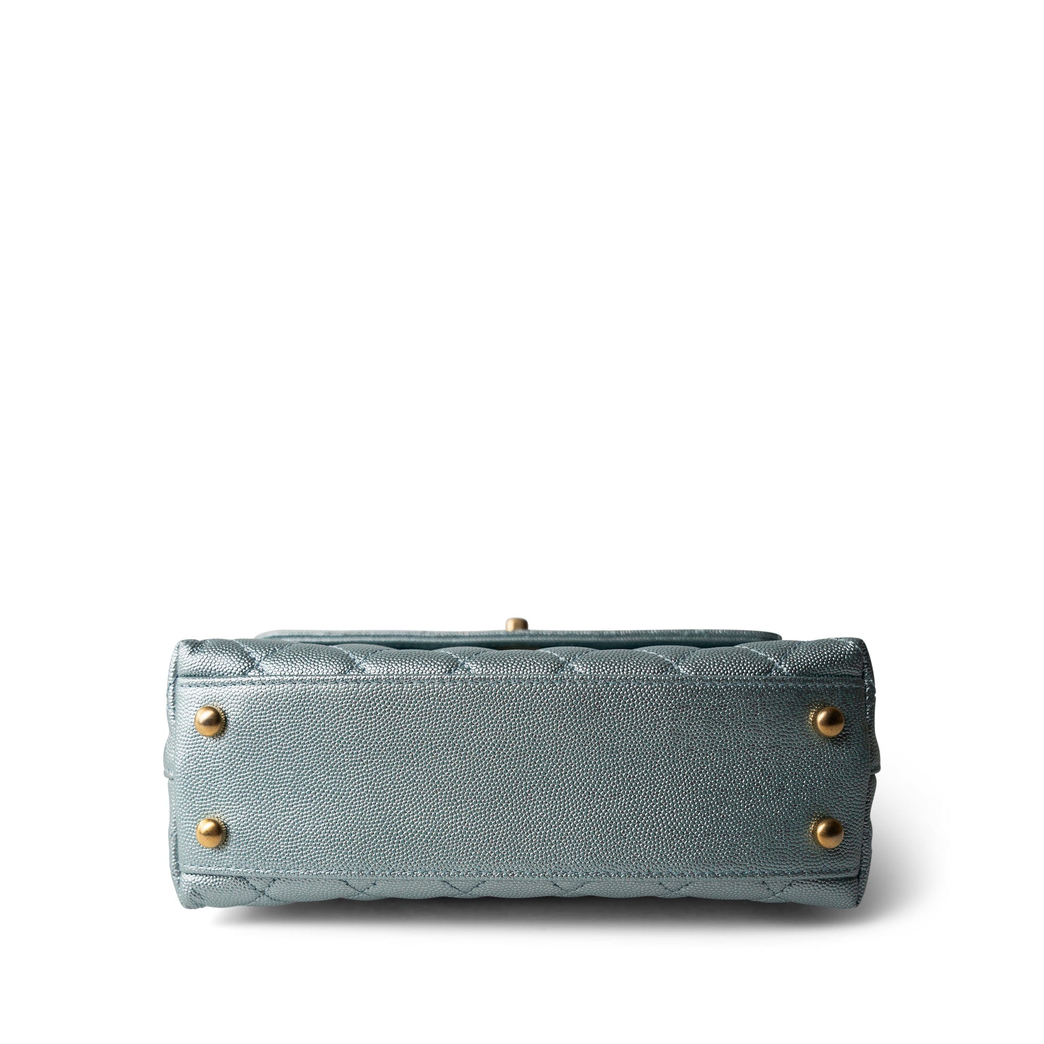 CHANEL Blue 22P Iridescent Light Blue Caviar Quilted Coco Handle Small Aged Gold Hardware - Redeluxe
