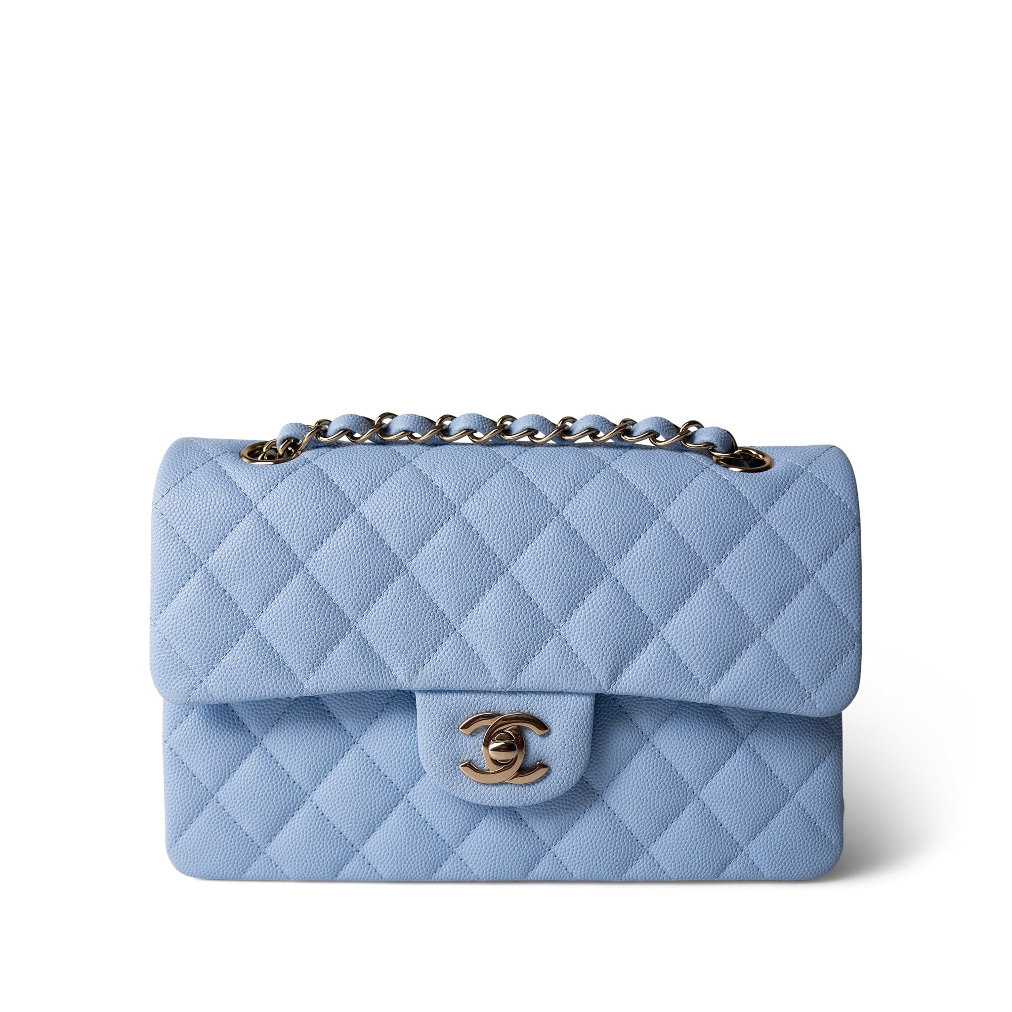CHANEL Blue 23P Blue Caviar Quilted Classic Flap Small Light Gold Hardware - Redeluxe