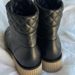 CHANEL Boots CHANEL 21B Calfskin Quilted Black Caviar Quilted CC Logo Combat Boots - Redeluxe