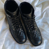 CHANEL Boots CHANEL 21B Calfskin Quilted Black Caviar Quilted CC Logo Combat Boots - Redeluxe