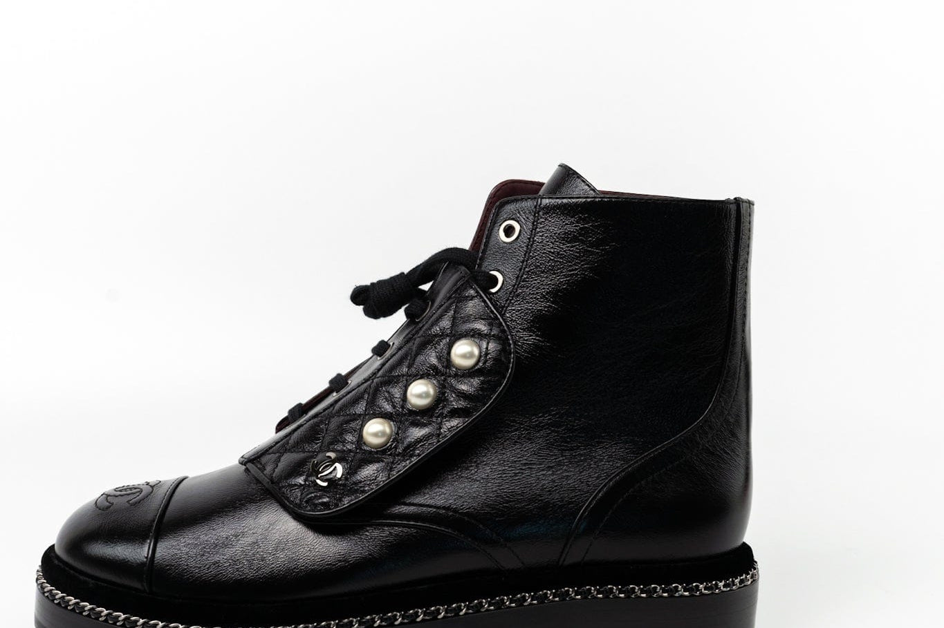 CHANEL Boots Chanel Crinkled Calfskin Pearl Combat Short Boots 40 Black - Redeluxe