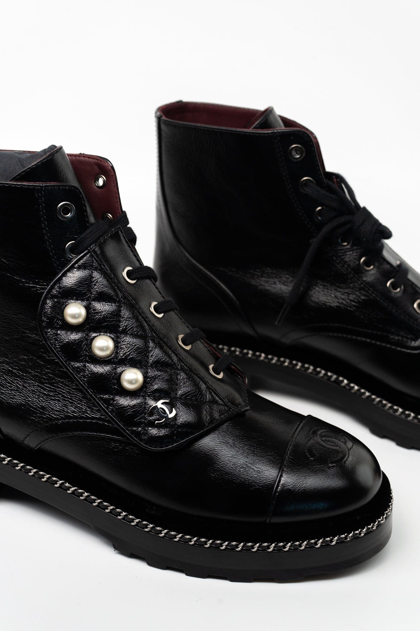 Buy Chanel Crinkled Calfskin Pearl Combat Short Boots 40 Black