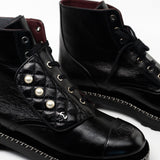 CHANEL Boots Chanel Crinkled Calfskin Pearl Combat Short Boots 40 Black - Redeluxe