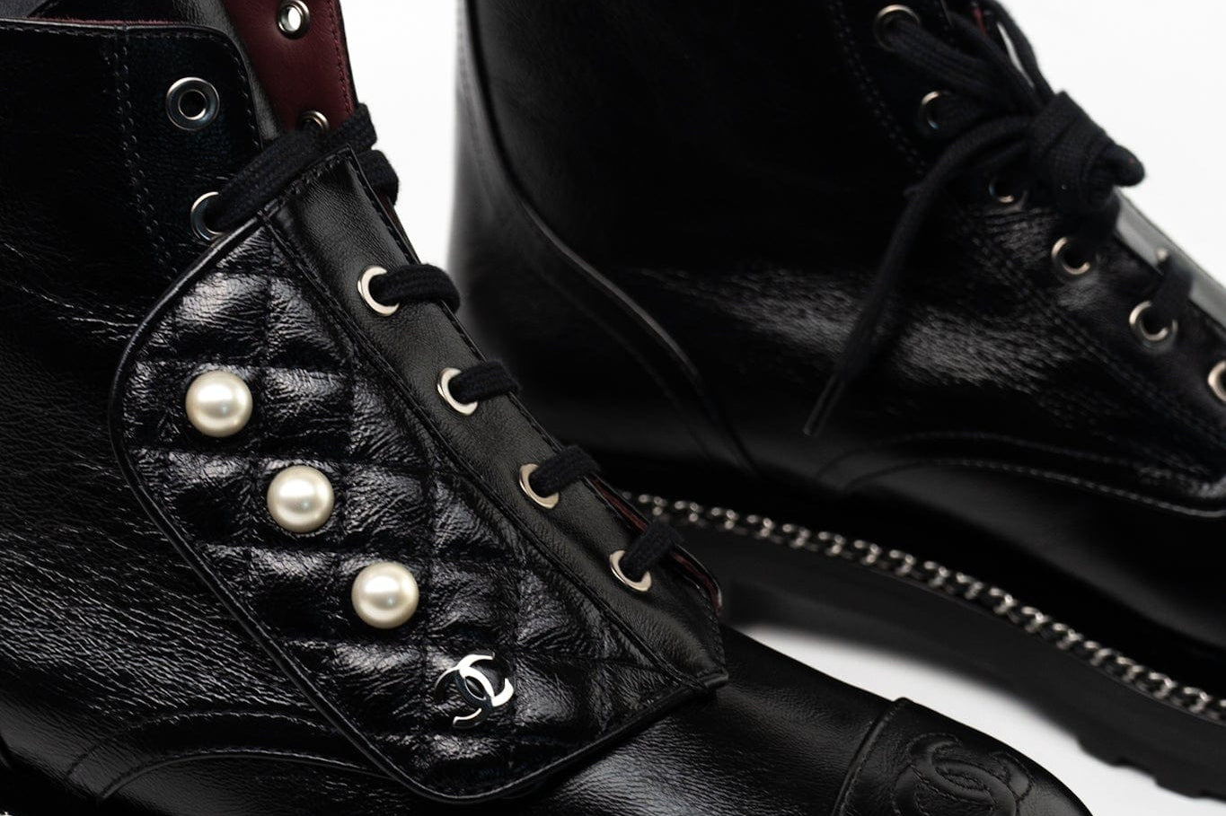 CHANEL Boots Chanel Crinkled Calfskin Pearl Combat Short Boots 40 Black - Redeluxe
