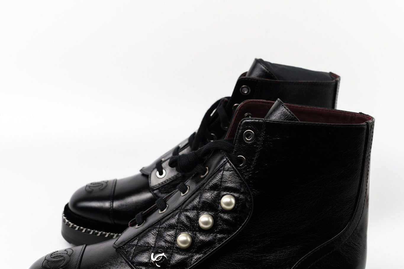 CHANEL Boots Chanel Crinkled Calfskin Pearl Combat Short Boots 40 Black - Redeluxe