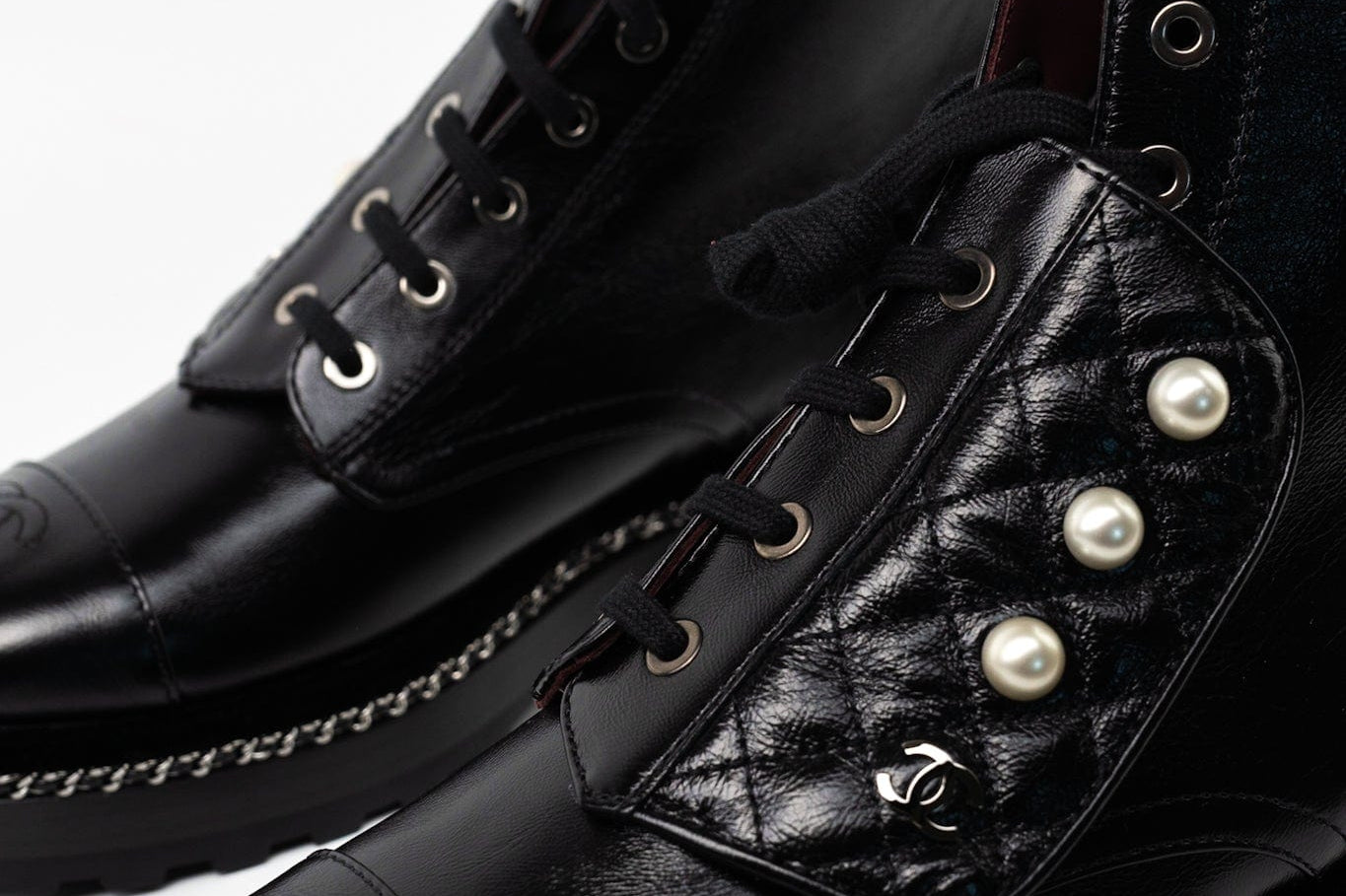 CHANEL Boots Chanel Crinkled Calfskin Pearl Combat Short Boots 40 Black - Redeluxe