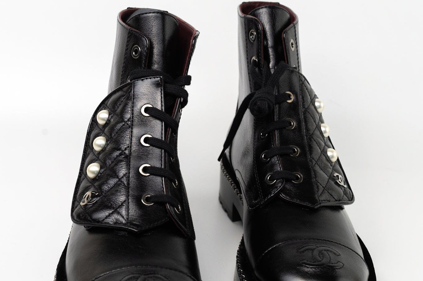 CHANEL Boots Chanel Crinkled Calfskin Pearl Combat Short Boots 40 Black - Redeluxe