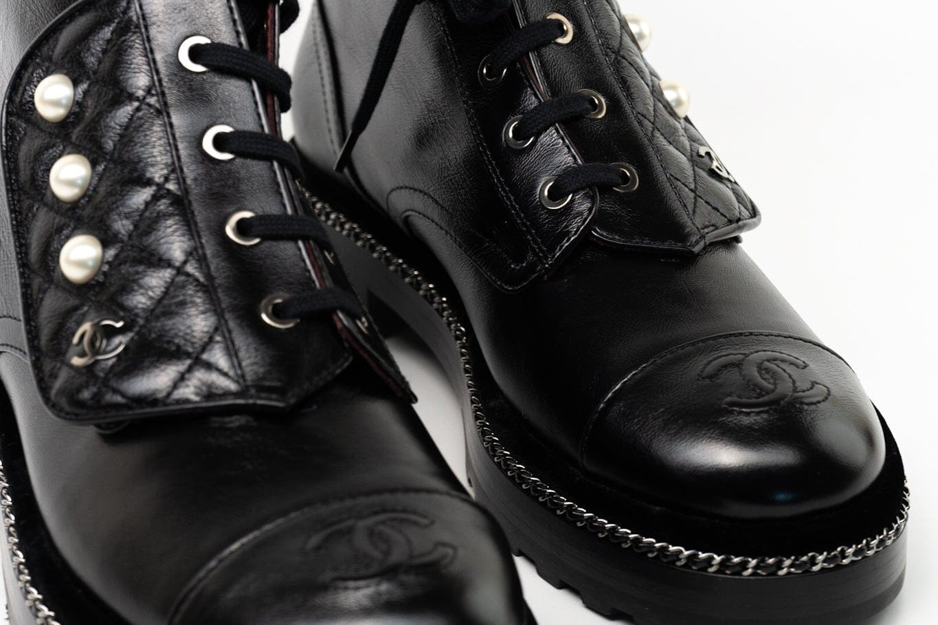 CHANEL Boots Chanel Crinkled Calfskin Pearl Combat Short Boots 40 Black - Redeluxe