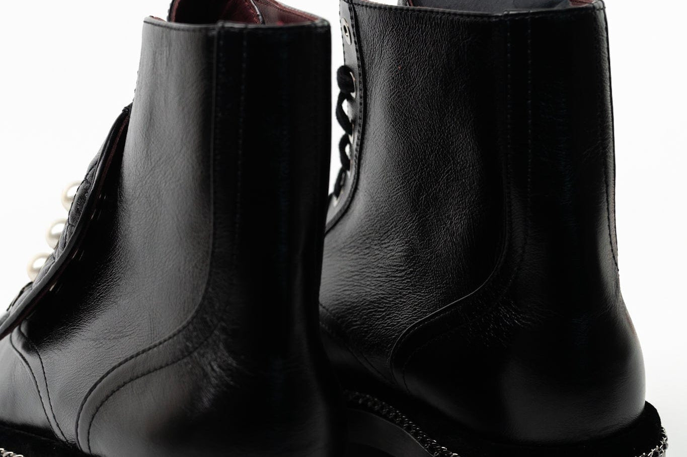 CHANEL Boots Chanel Crinkled Calfskin Pearl Combat Short Boots 40 Black - Redeluxe