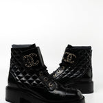 CHANEL Boots Shinny Calfskin Quilted Lace up Combat Boots - Redeluxe
