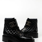 CHANEL Boots Shinny Calfskin Quilted Lace up Combat Boots - Redeluxe