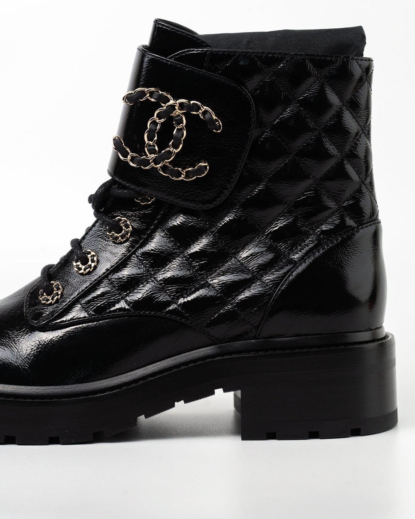 CHANEL Boots Shinny Calfskin Quilted Lace up Combat Boots - Redeluxe