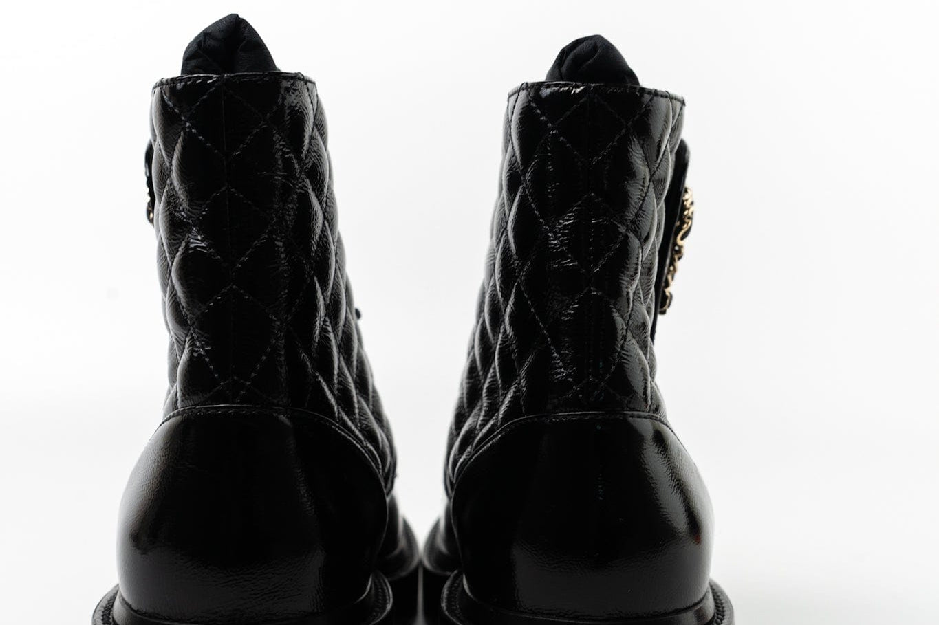 CHANEL Boots Shinny Calfskin Quilted Lace up Combat Boots - Redeluxe