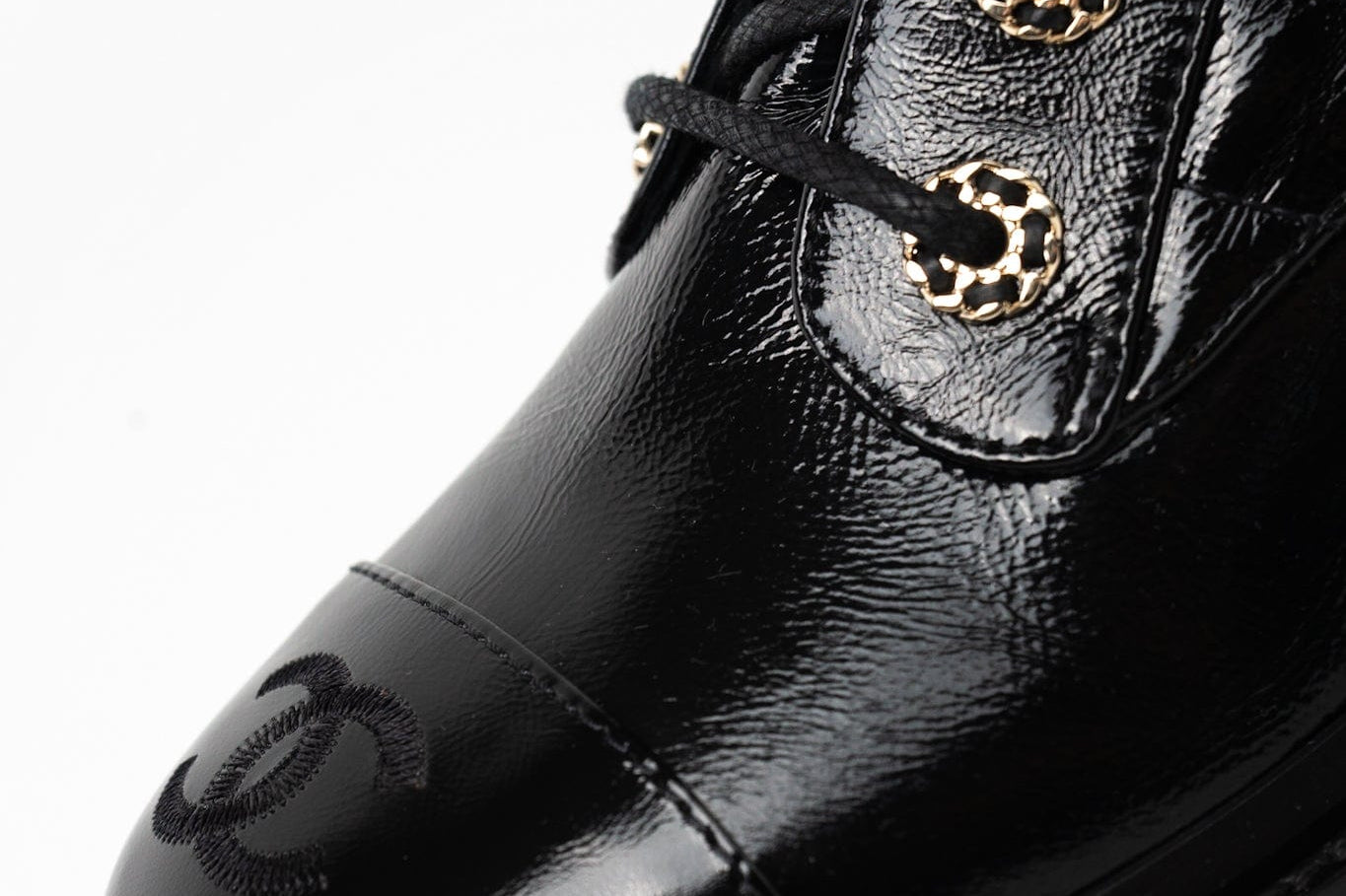 CHANEL Boots Shinny Calfskin Quilted Lace up Combat Boots - Redeluxe