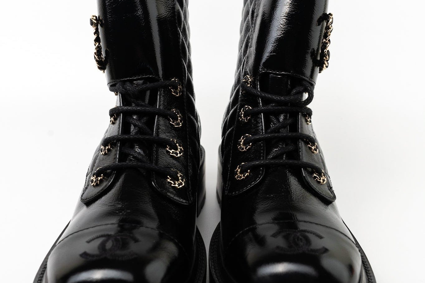 CHANEL Boots Shinny Calfskin Quilted Lace up Combat Boots - Redeluxe