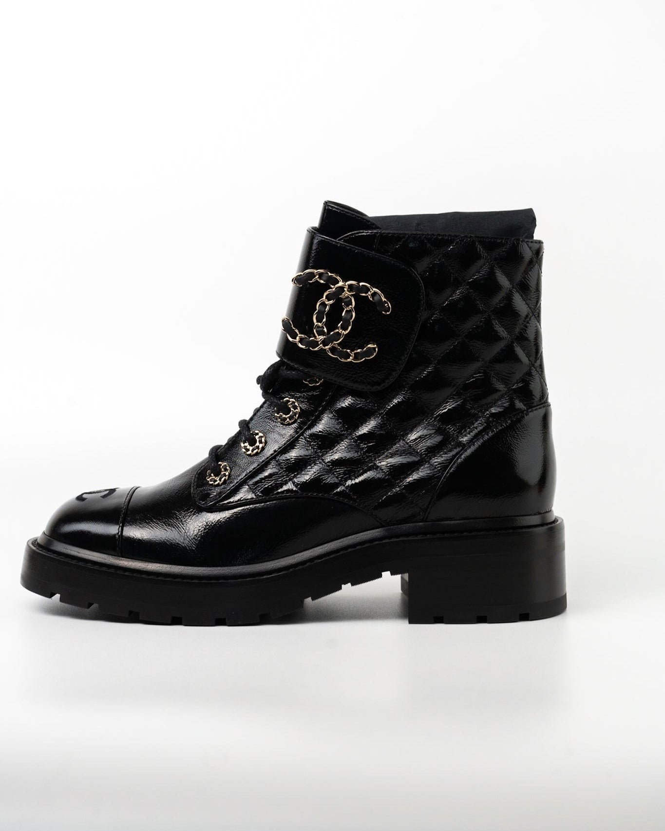 CHANEL Boots Shinny Calfskin Quilted Lace up Combat Boots - Redeluxe