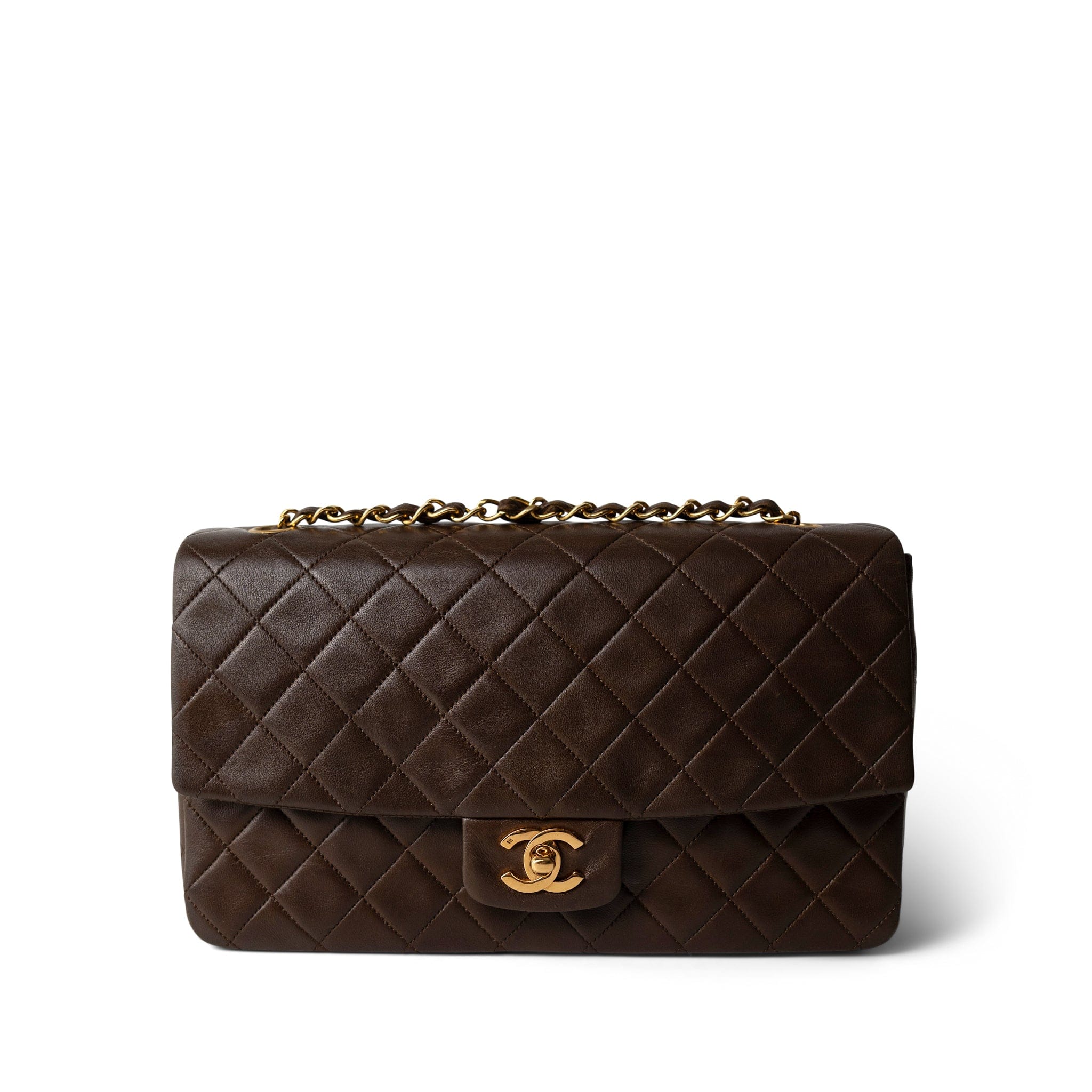 CHANEL Brown Brown Lambskin Quilted Single Flap Gold Hardware - Redeluxe