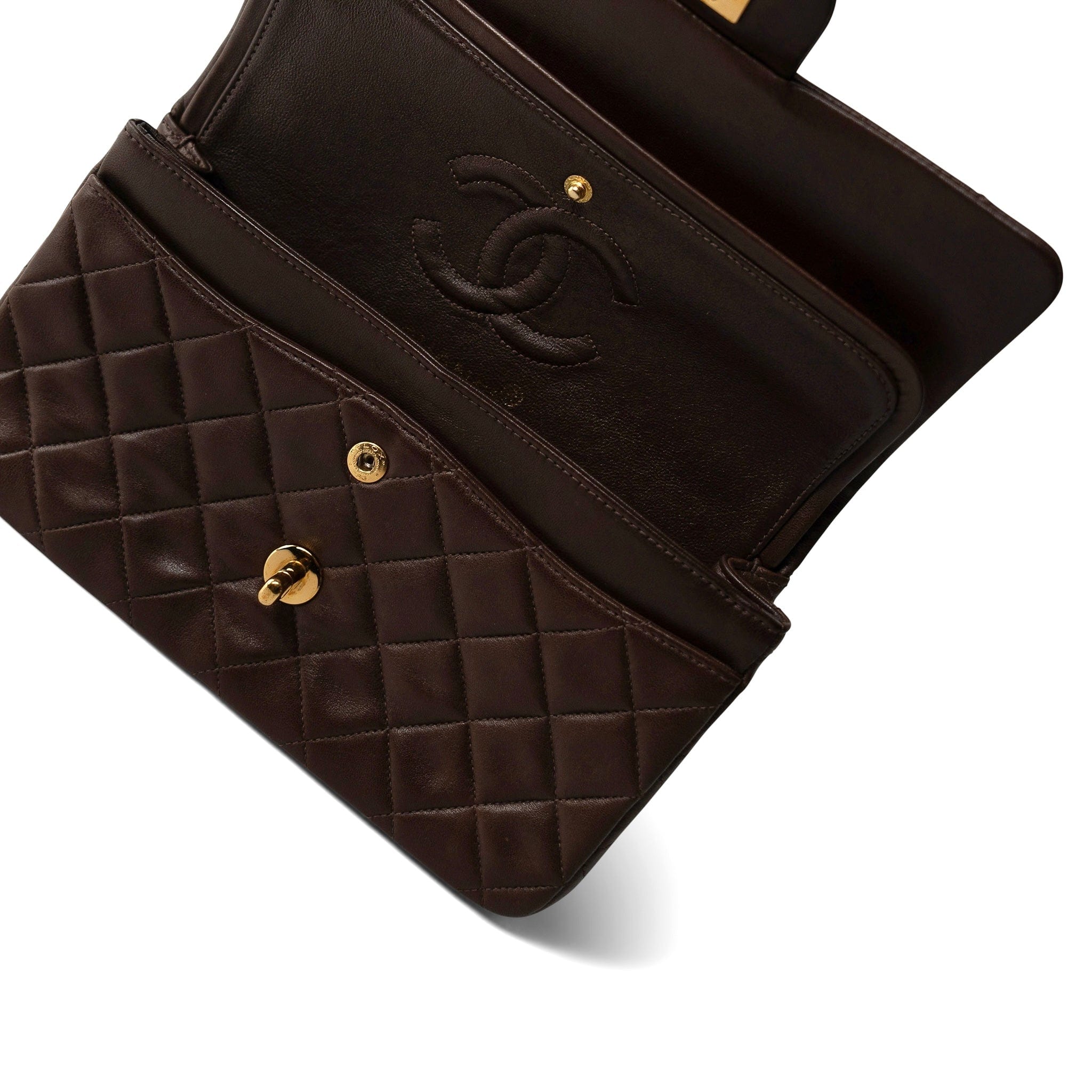 CHANEL Brown Small Brown Lambskin Quilted Classic Flap Gold Hardware - Redeluxe